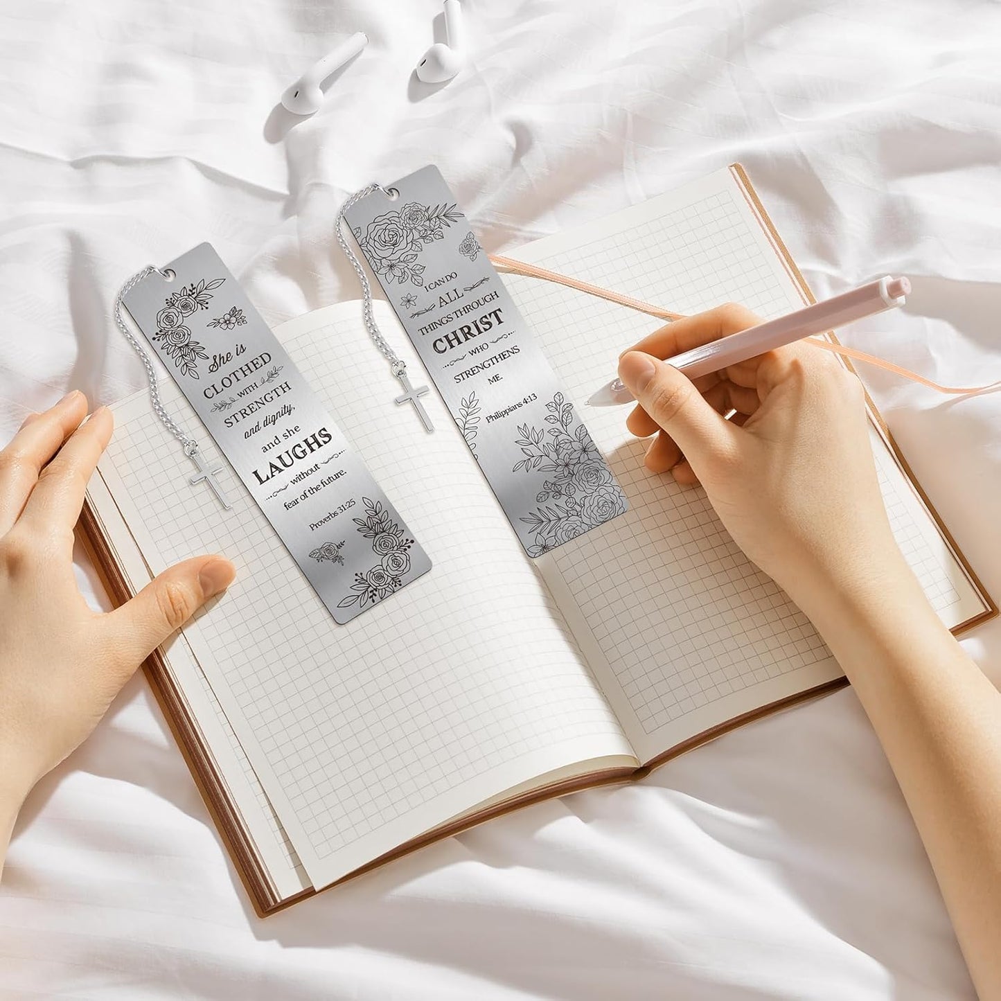 Christian Metal Bookmarks Gifts - 2 Pcs Bible Verse Inspirational Book Marks for Women Religious Cross Plant Unique Page Markers Reading Birthday Student Teacher School Office Accessories