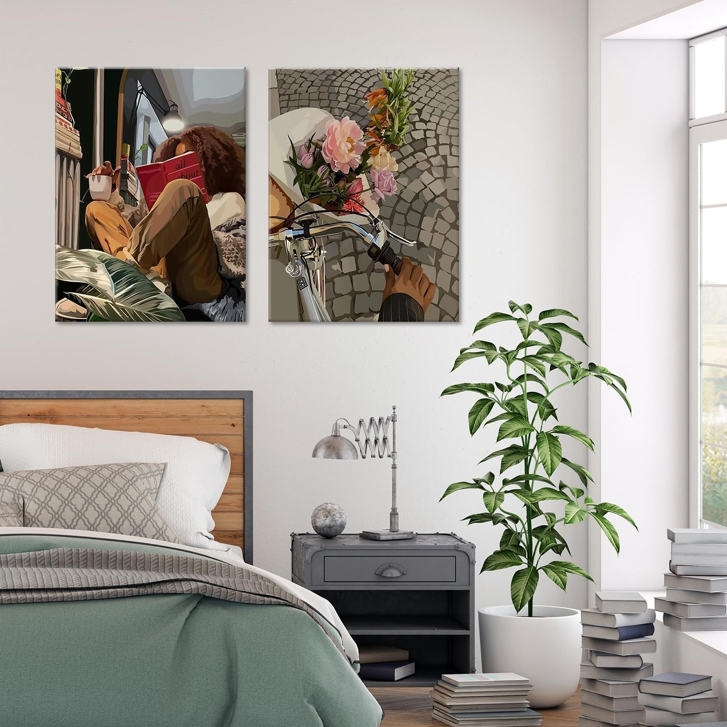 Modern African American Women Wall Art Set of 2,Cozy Reading & Bike Ride with Flowers Painting Canvas Prints,black woman Vintage Aesthetic Poster for Living Room, Bedroom, Office， Framed 12X16in