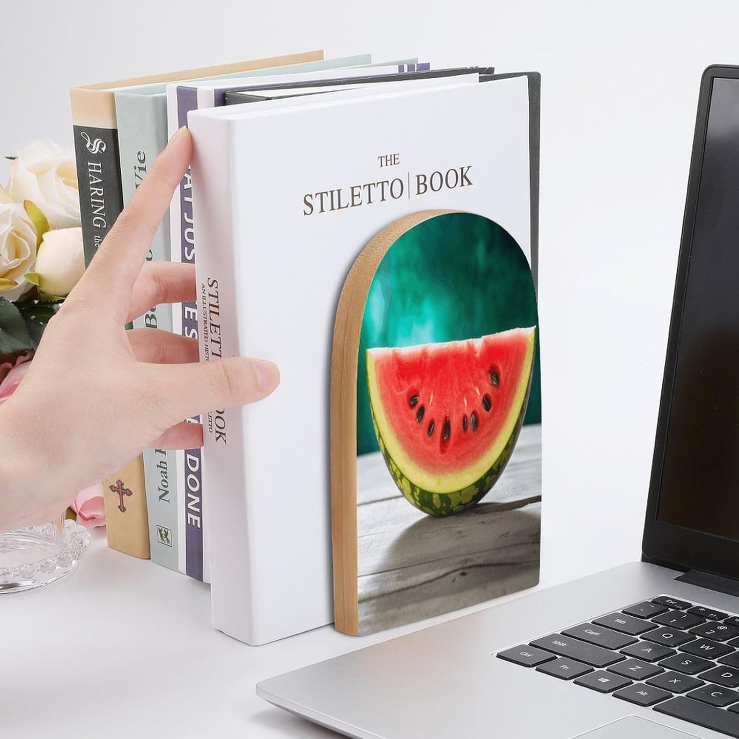 Watermelon with Smiley Bookend for Shelves Wooden Book End Large Size Sturdy Book Holders Stoppers with Metal Base for Bookshelves Slick Decorative Bookends Stands