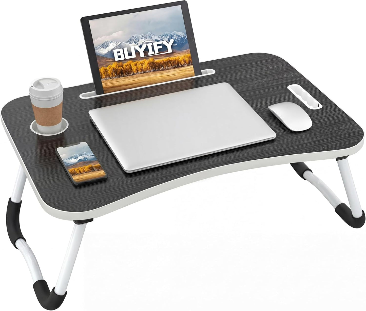 BUYIFY Folding Lap Desk, 23 Inch Portable Wood Black Laptop Bed Desk Lap Desk with Cup Holder, for Working Reading Writing, Eating, Watching Movies for Bed Sofa Couch Floor