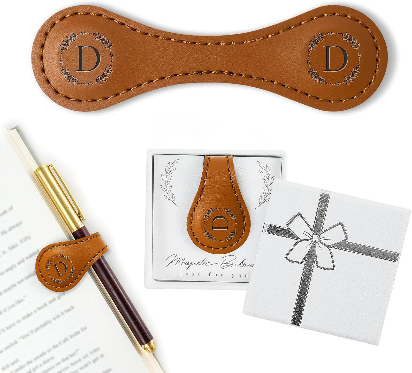 Personalized Leather Magnetic Bookmark with Pen Holder – Custom Initial Design for Readers（Brown-D）