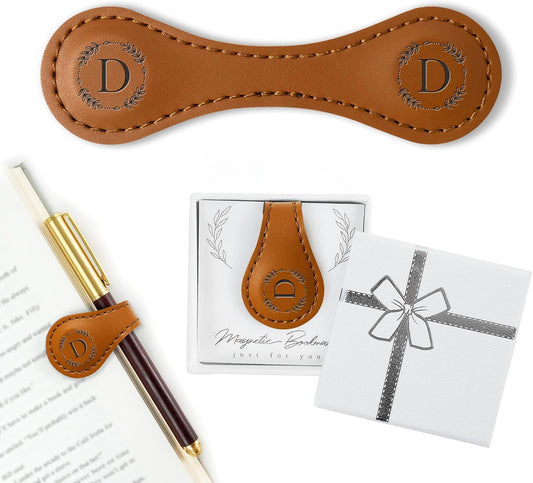 Personalized Leather Magnetic Bookmark with Pen Holder – Custom Initial Design for Readers（Brown-D）