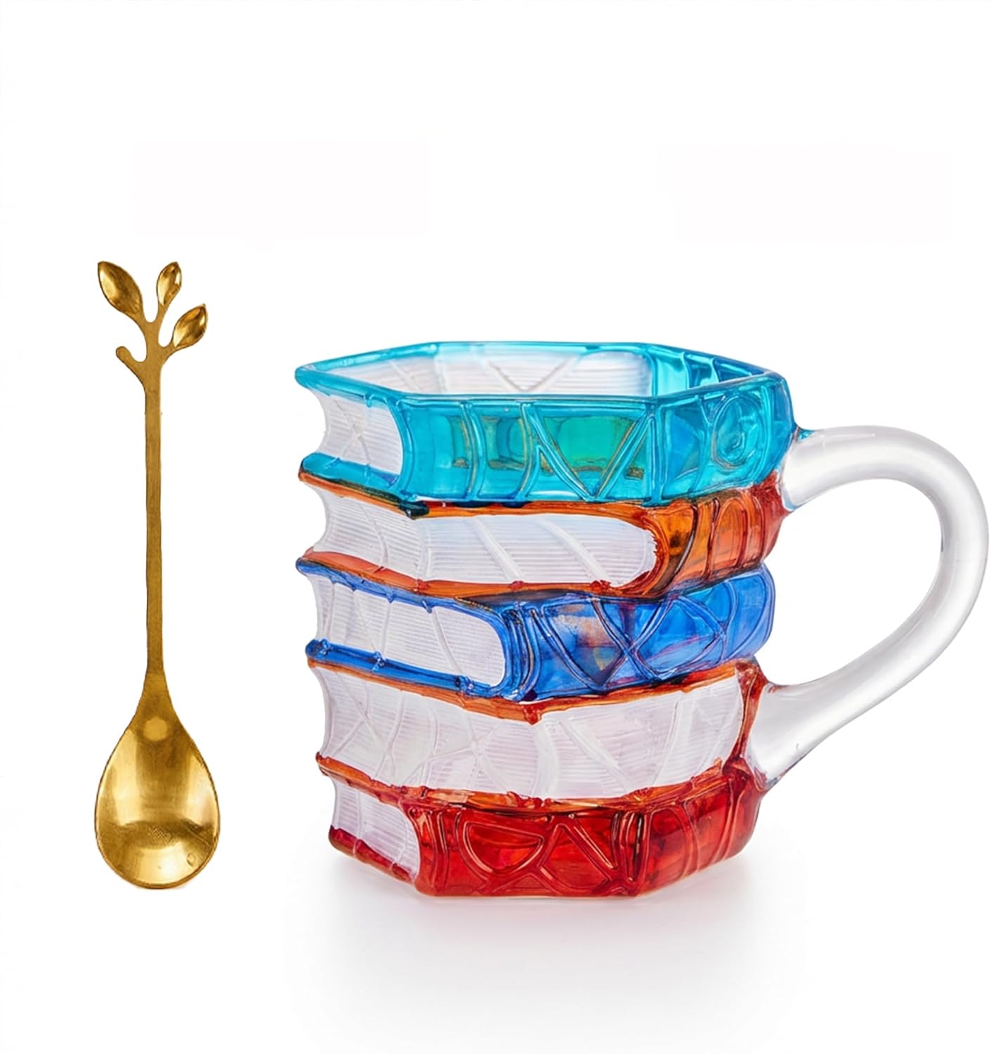 3D Book Mug, Painted Stained Glass Style Coffee Cup, 12oz Glass Library Mugs for Book Lovers, Novelty Reader Gifts with Gold Leaf Spoon, Chapter Cup for Library and Home Office