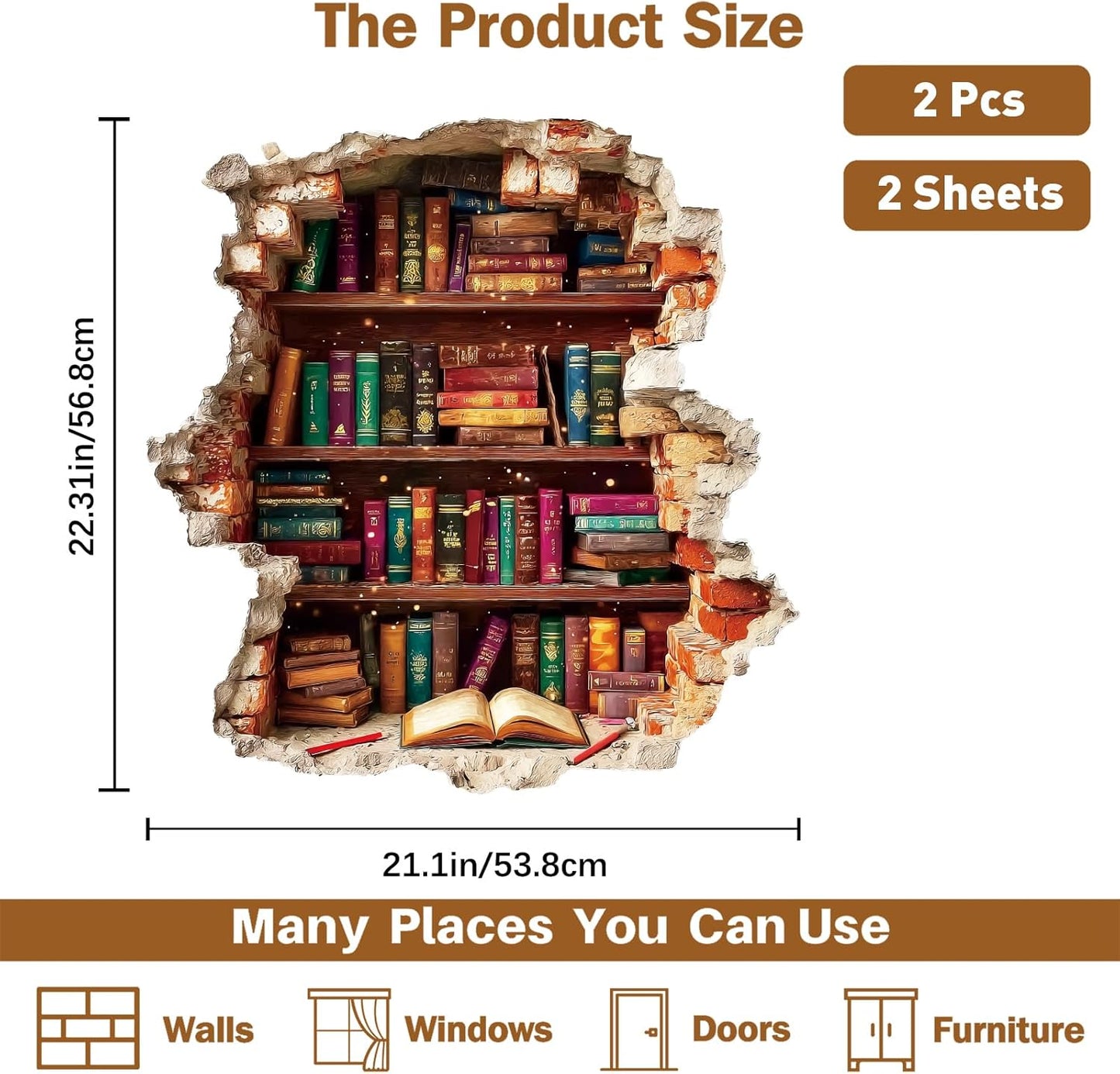 PLIGREAT Vintage Book Break Through Wall Decals, 3D Broken Wall Stickers Removable Vinly Bookshelf Mural Stickers for Reading Room Bedroom Living Room Home DIY Decor, 2 Sheets