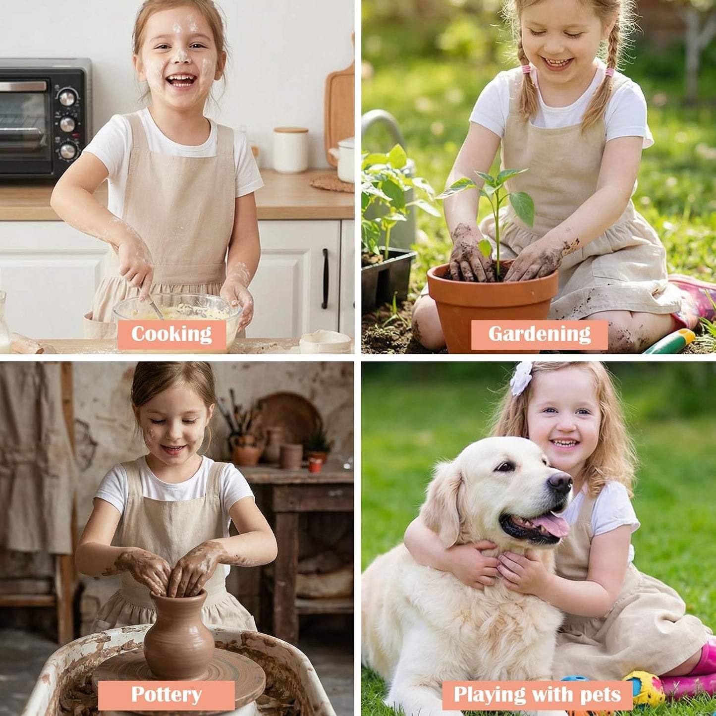 Kids Cross Back Apron with Pockets, Toddler Apron for Girls and Boys, Japanese Style Pinafore Aprons for Toddler Painting, Cooking, Baking, Gardening - Beige
