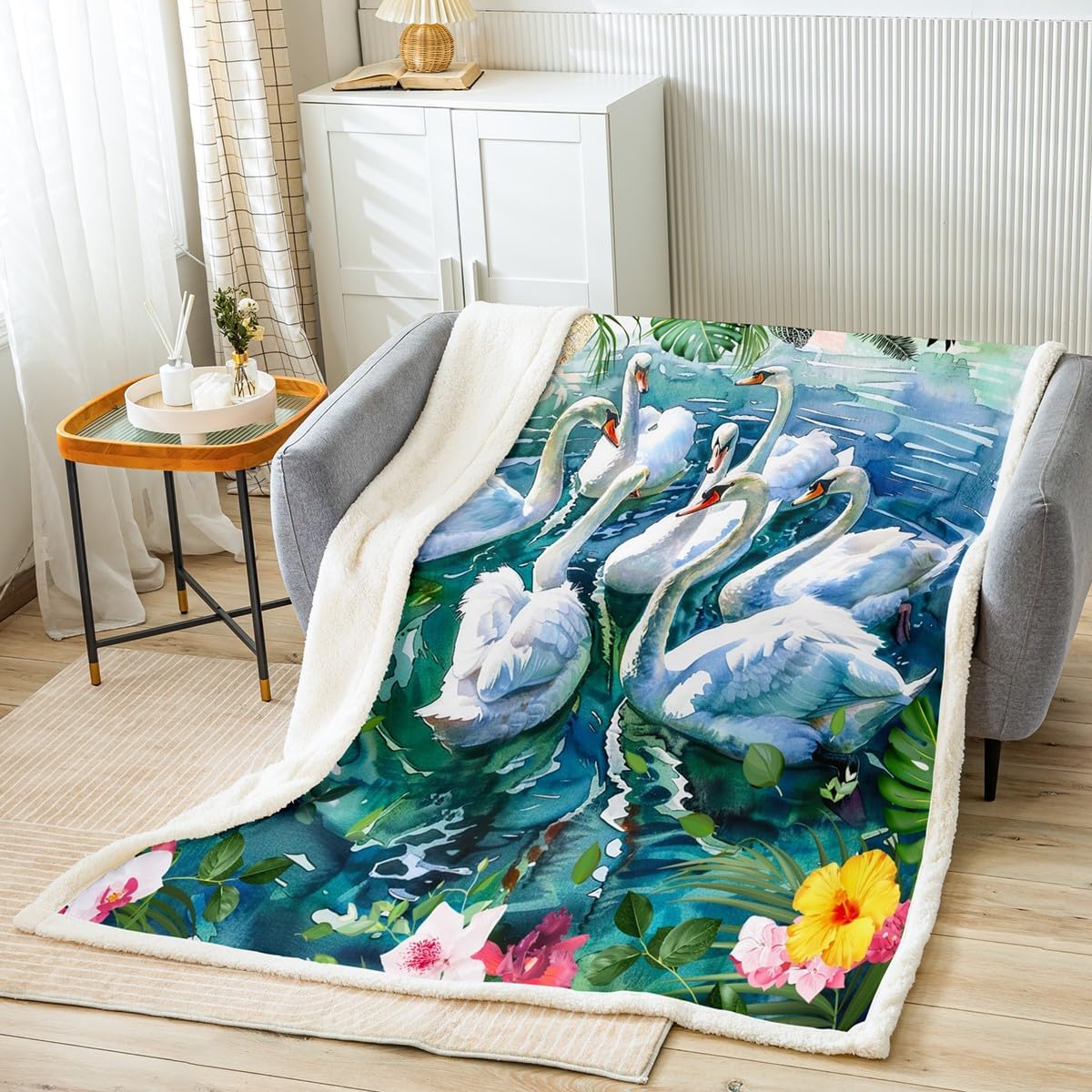 Feelyou White Swan Sherpa Blanket Botanical Decor Fleece Throw Blanket Flower Leaves Plush Blanket for Women Men Animal Fuzzy Blanket for Sofa Bed Couch,Baby 30x40 Inches