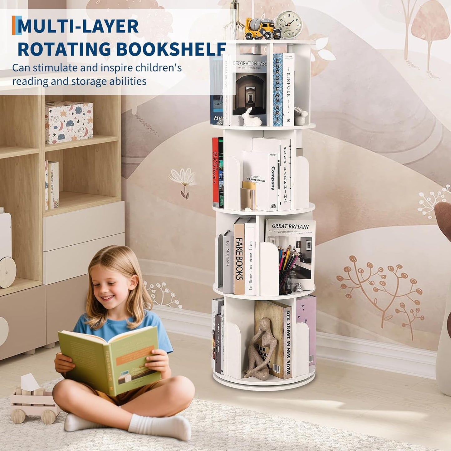 GarveeLife Wooden Rotating Bookshelf 4 Tier, 360° Floor-Standing Bookcase and Multi-Functional Storage Organizer for Living Room, Kids, and Adults White