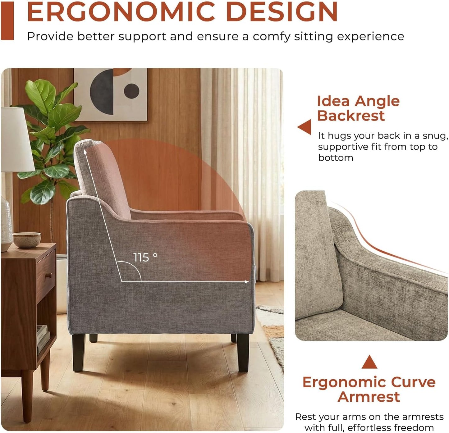 TLSUNNY Mid-Century Accent Chair, Modern Upholstered Chenille Armchair & Padded Reading Chair, Removable Cover & Wood Legs Living Room Chair, Single Sofa for Bedroom/Office/Apartment (Brown)