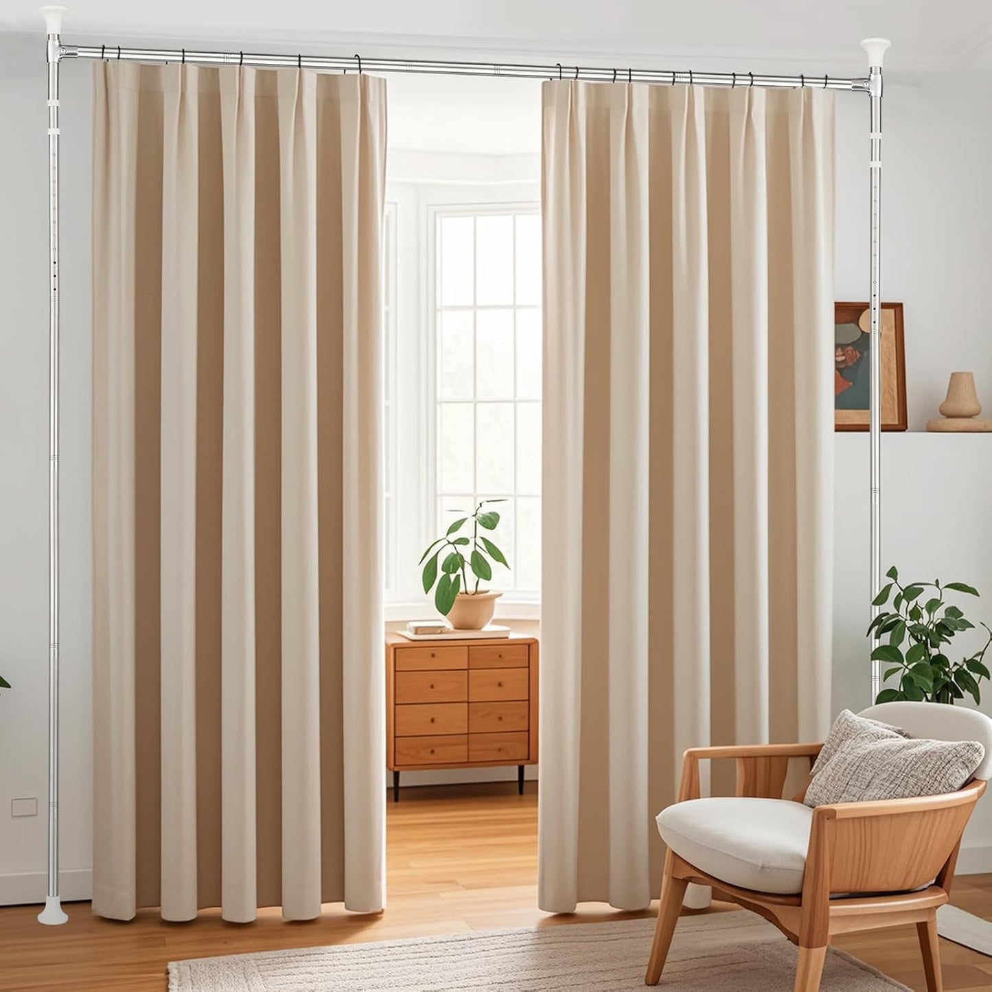 Room Divider Curtain Rod，No Drilling Curtain Rod Wall Divider for Room Separation, 4-10ft (H) 28-70inch(W) Adjustable Floor to Ceiling Portable Hanging Room Divders Partitions Space Separator Silver