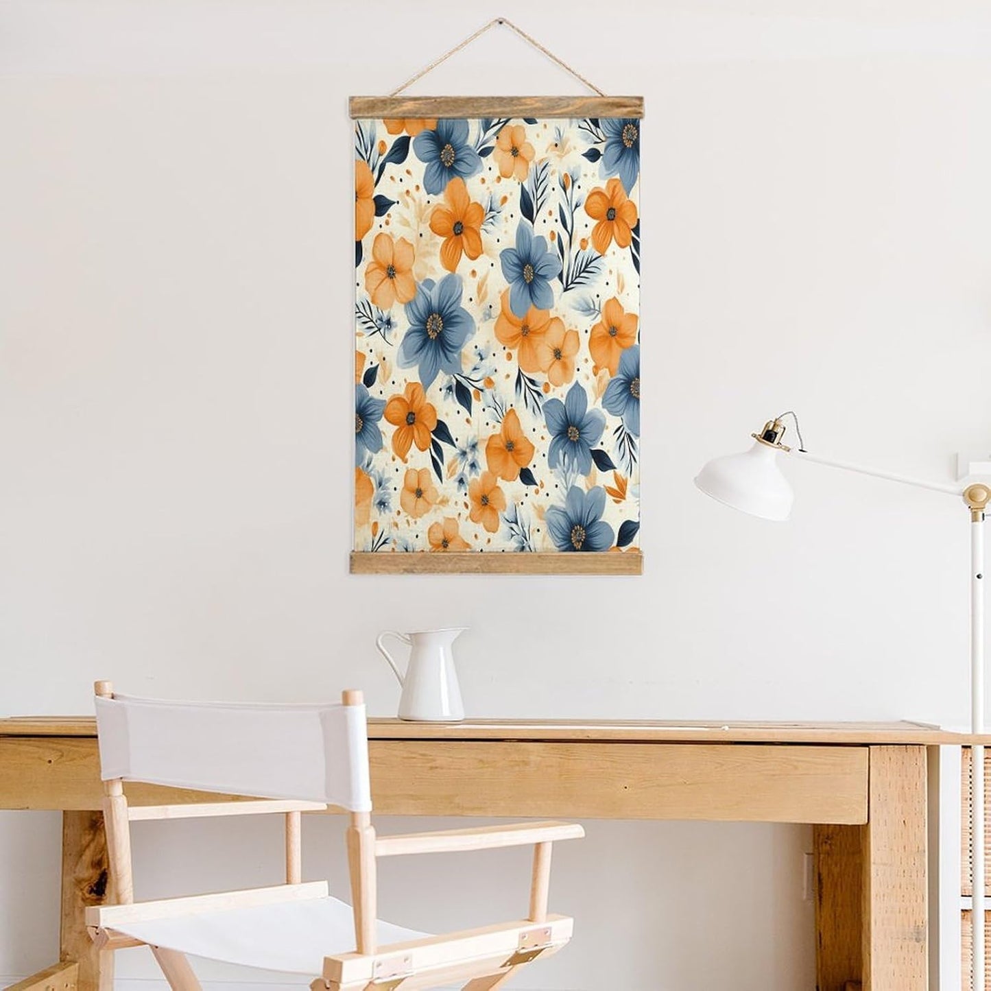 Vintage Blue And Orange Flowers on White Background Poster with Wooden Frame Personalized Linen Hanging Scroll Painting Rustic Wall Hanging Illustrative Modern Artwork Decor for Home Living Room Bedro