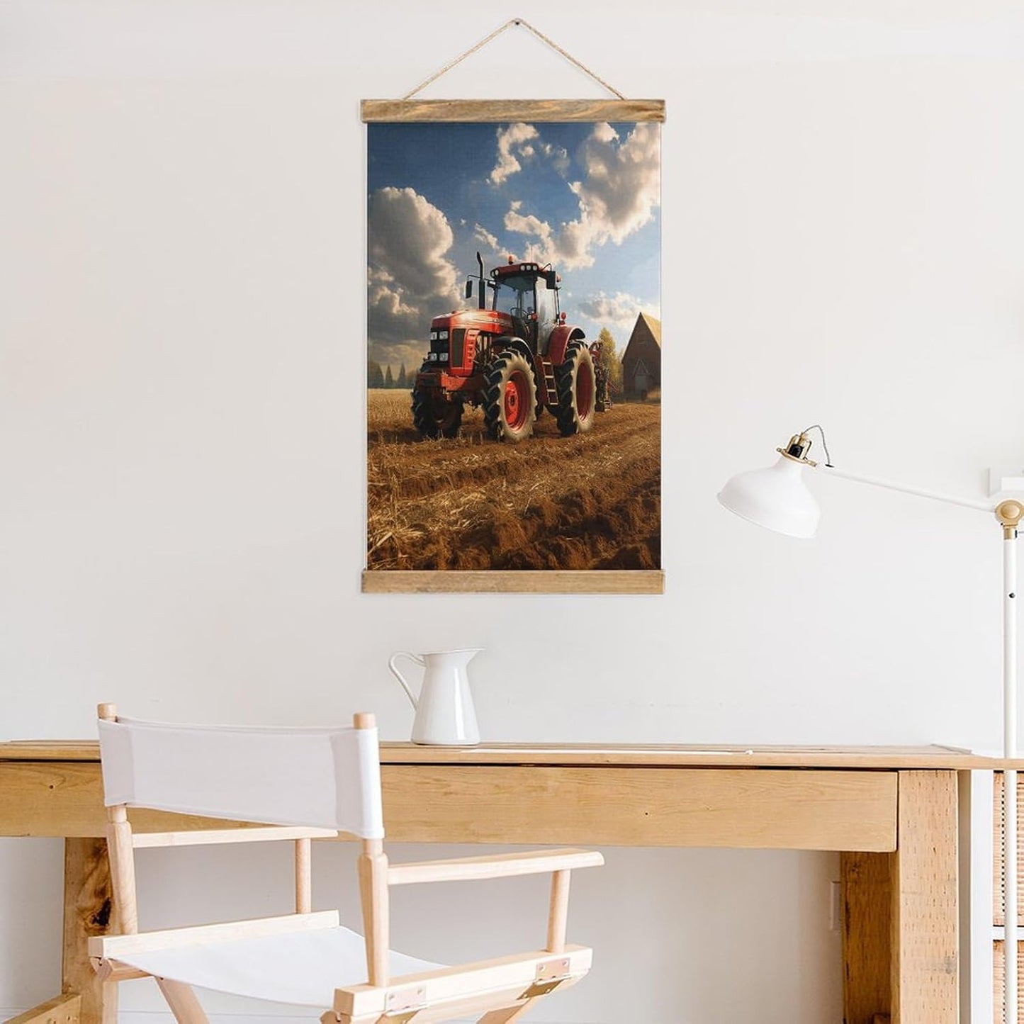 Vintage Fantasy Farm Tractor Poster with Wooden Frame Personalized Linen Hanging Scroll Painting Rustic Wall Hanging Illustrative Modern Artwork Decor for Home Living Room Bedroom Office