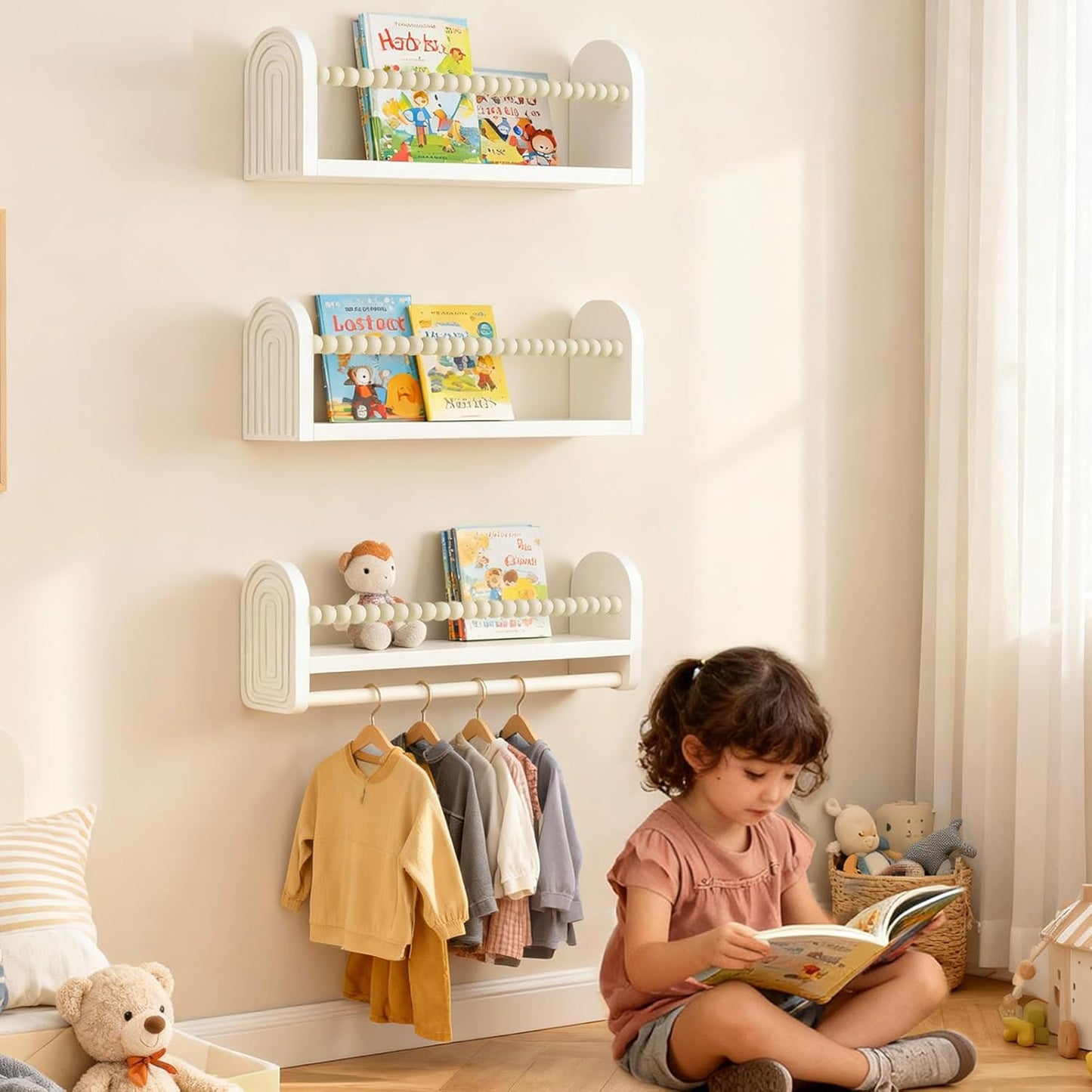 OurWarm Nursery Book Shelves for Wall Set of 3, White Natural Wood Nursery Floating Shelves with Towel Bar, Wall Mounted Floating Bookshelves for Baby Room Kids Room Living Room Storage and Decor