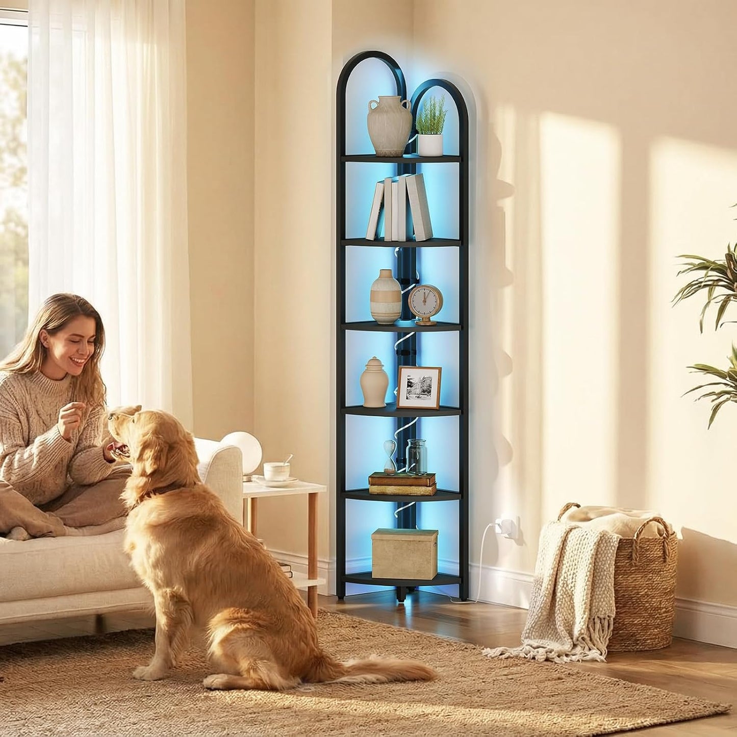 6 Tier Corner Shelf with LED Light, 74.6'' Tall Corner Bookshelf Stand, Narrow Display Bookcase with Storage Rack for Wall Corner, Living Room, Bedroom, Small Spaces, Black CSBK66101