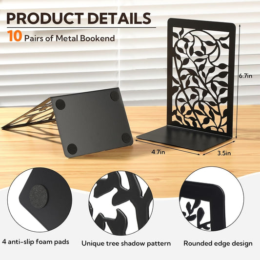 20 Pieces Book Ends for Shelves Heavy Duty Bookends Non-Skid Metal Book Holders Black Tree Design Modern Bookends for Shelves Office Home Decorative Book Stopper for Books CD(10 Pair)