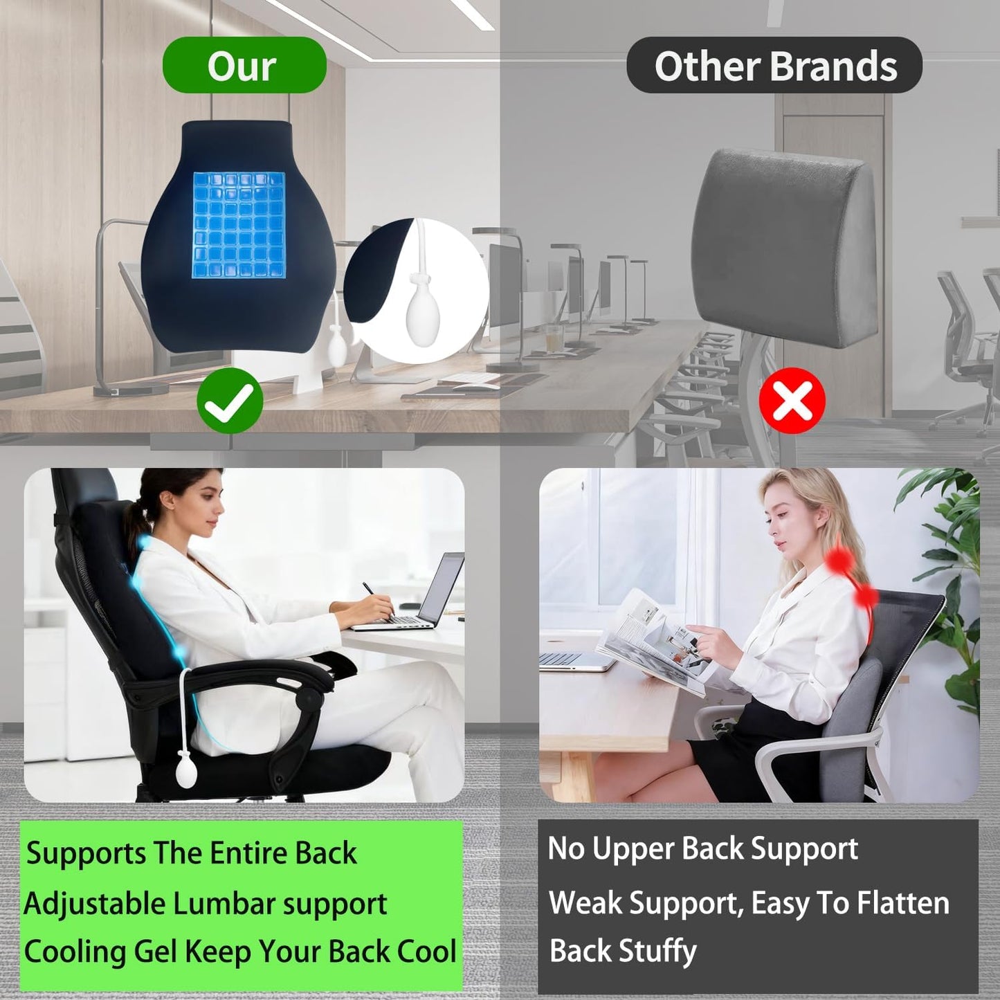 Adjustable Air Bag Lumbar Support Pillow for Office Chair with Cooling Gel - Adjustable Lumbar Support Height Back Support Pillow for Lower Back Pain Relief, Keep Your Back Cool And Dry, Black