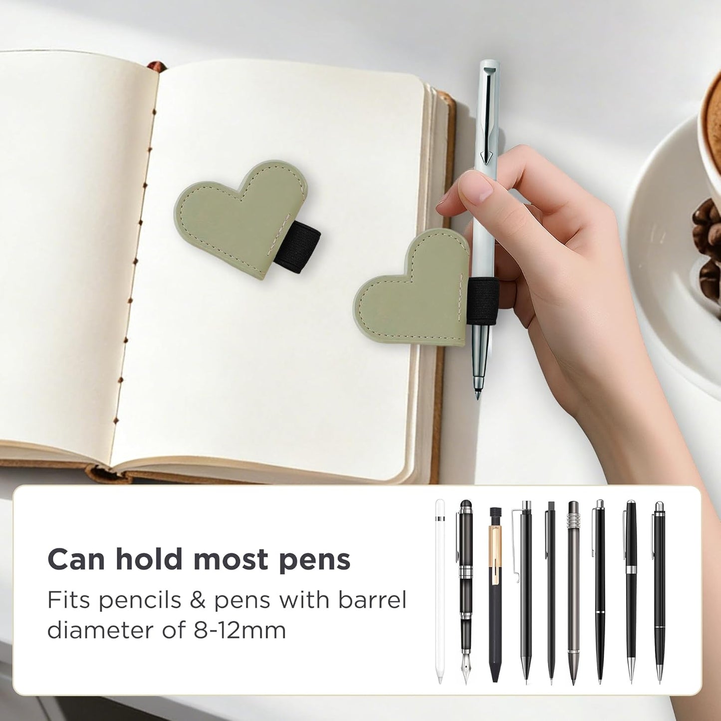 Leather Magnetic Bookmark Pen Loop Holder, Heart Style Pencil Holder Clip for Notebooks, Journals, Calendars, PU Leather Green 3 Pack
