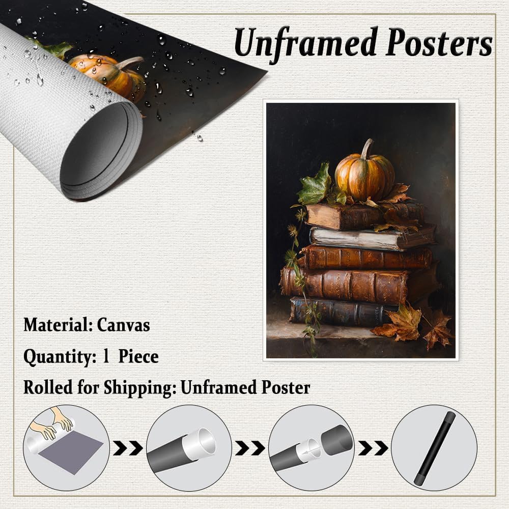Vintage Pumpkin Still Life Wall Art – Antique Books with Fall Leaves Canvas Print,Dark Academia Autumn Aesthetic Poster for Reading Nook Decor 12x16in Unframed