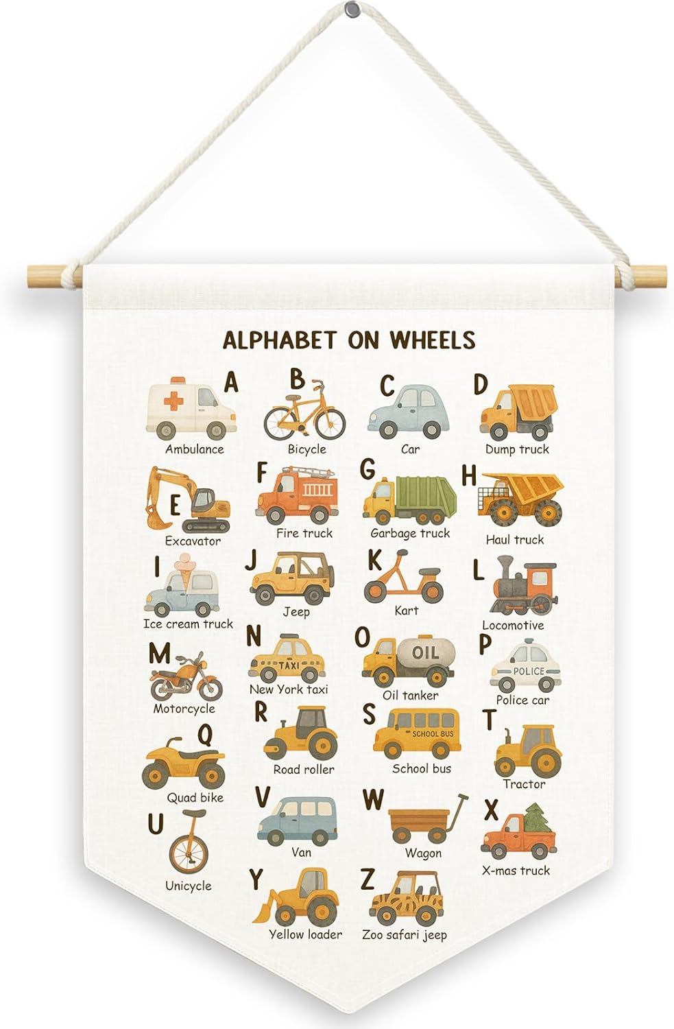 Classroom Car Alpahbet Kids Boys Room Decor, Nursery Cute Traffic Banner Canvas, Abc Educational Wall Hanging Frame Decor Art Pennant Flag for Playroom Toddler Room Preschool Dorm 11x15in