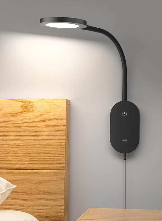 deeloop LED Wall Mounted Reading Light for Bed, Book Light for Wall Bedside Lamp with USB Output, 4 Hour Auto-Off Timer Lights，Eye-Caring Reading Lamp with 5 Dimmable 360° Rotation Headboard Light