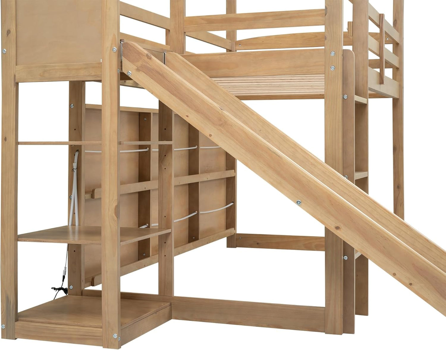 Modern Style 96.1" L Twin Size Wood Frame Loft House-Shape Bed,with Slide, Storage Shelves and Light, Climbing Ramp, Wood Color,1pcs