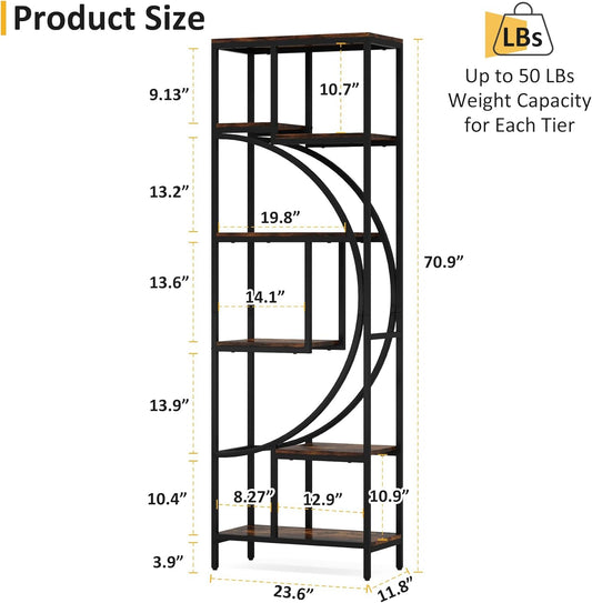 Geometric Bookshelf, 70.9" Tall Bookcase with 7-Shelf Open Shelves, Wood Metal Book Shelf Display Rack Storage Shelving Unit for Office, Bedroom, Living Room, Easy Assembly, Rustic Brown