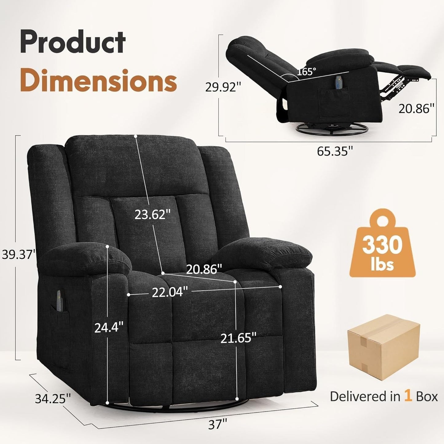 360 Swivel Rocker Recliner Chair with Massage and Heating Side Pockets Manual Reclining Chairs Remote Control for Living Room Bedroom Nursery