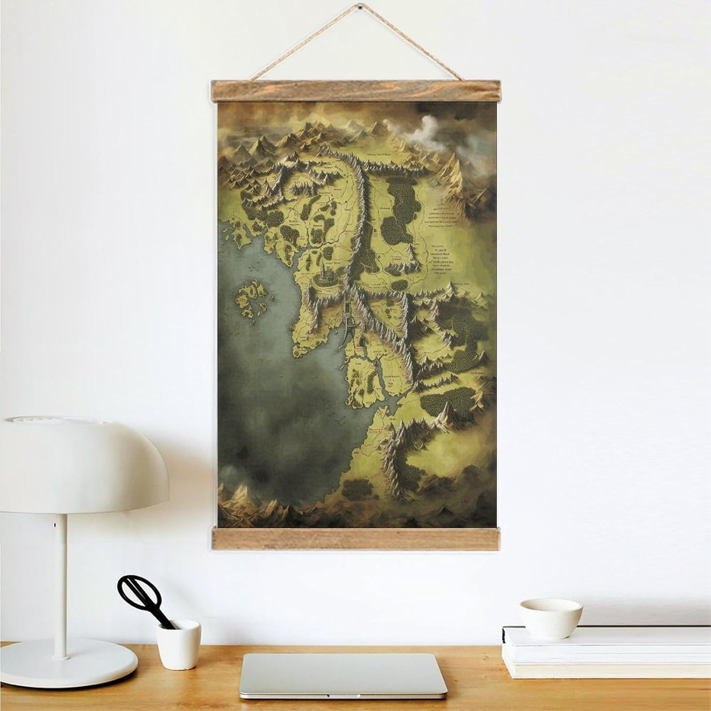 Vintage Middle Earth Map Poster with Wooden Frame Personalized Linen Hanging Scroll Painting Rustic Wall Hanging Illustrative Modern Artwork Decor for Home Living Room Bedroom Office