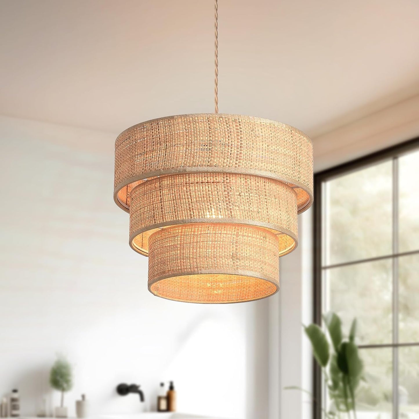 Rattan Plug in Pendant Light, 3 Tier Plug in Chandelier with Boho Wicker Lampshape Hanging Lamp, Hanging Lights with Plug in Cord for Living Room Bedroom Dinning Island,16.4ft Cord