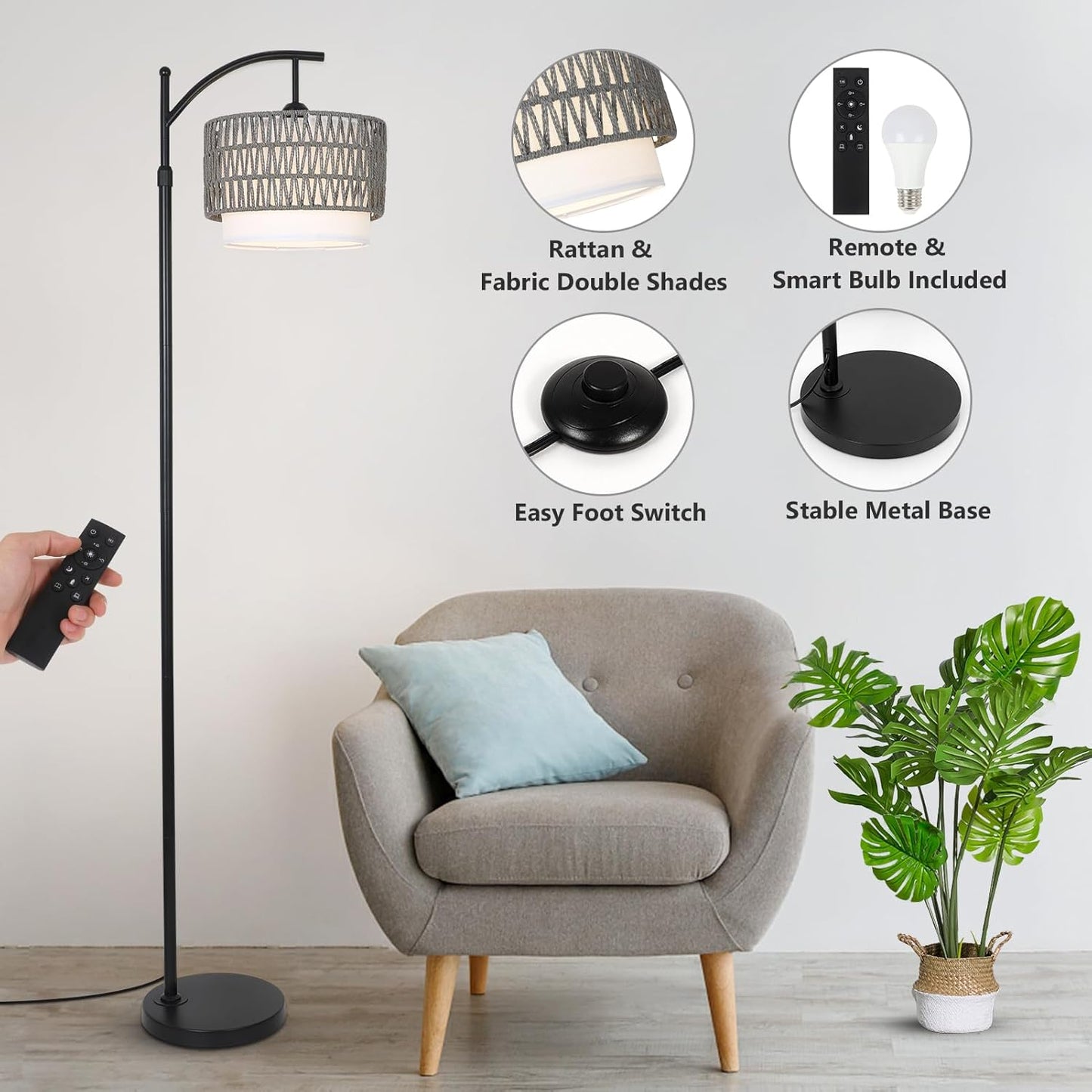 Floor Lamps for Living Room, Arc Standing Lamp with Remote & Dimmable Bulb, Boho Rattan Floor Lamp for Bedroom with 3 Color Temperatures, Farmhouse Tall Lamp, Height Adjustable Stand up Lamp