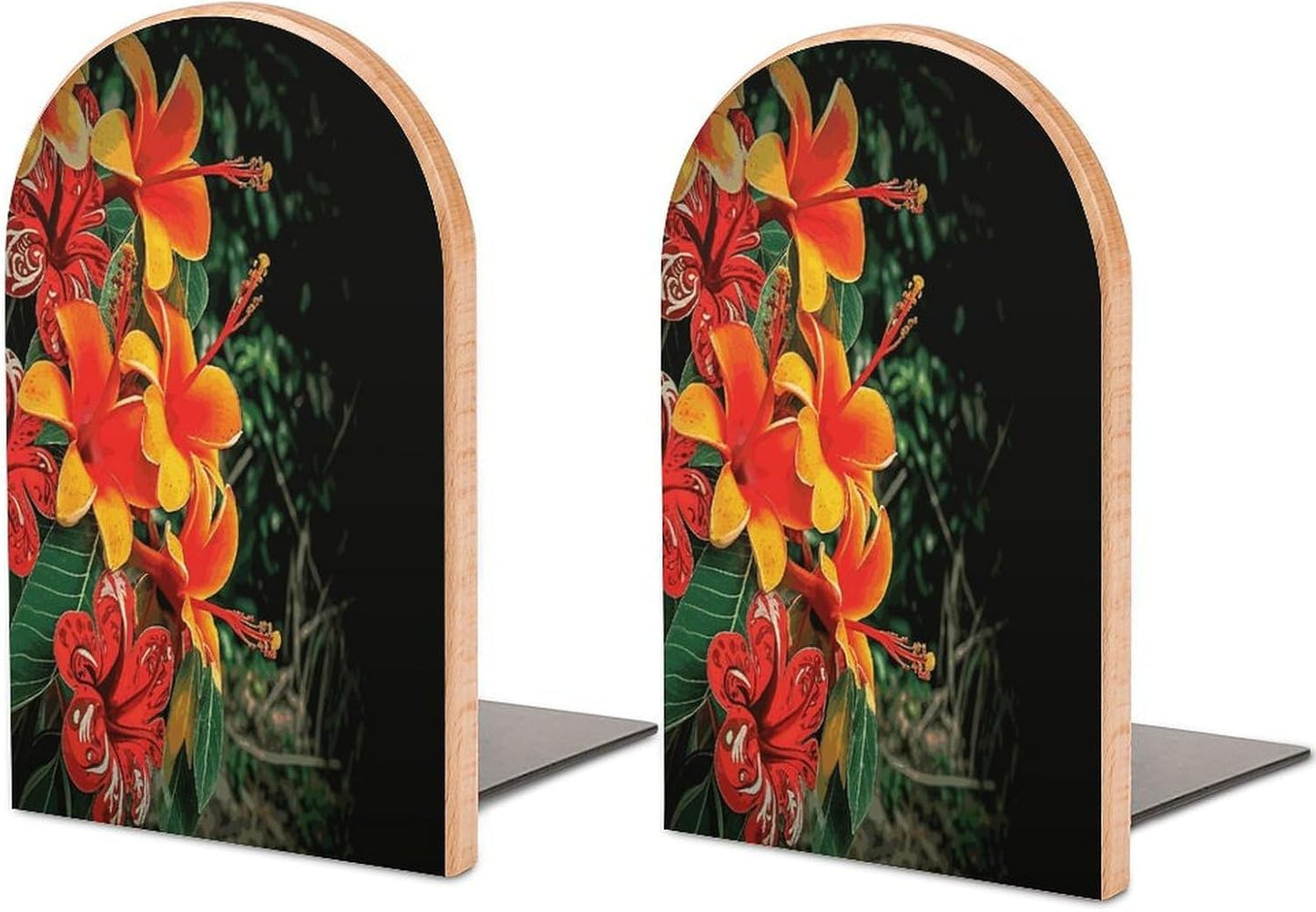 Hawaii Flowers Bookends 1 Pair Heavy Duty Book Ends for Shelves Non-Skid Bookend Supports Wooden Book Holders with Metal Base Desk Organizers Books Storage to Hold Books