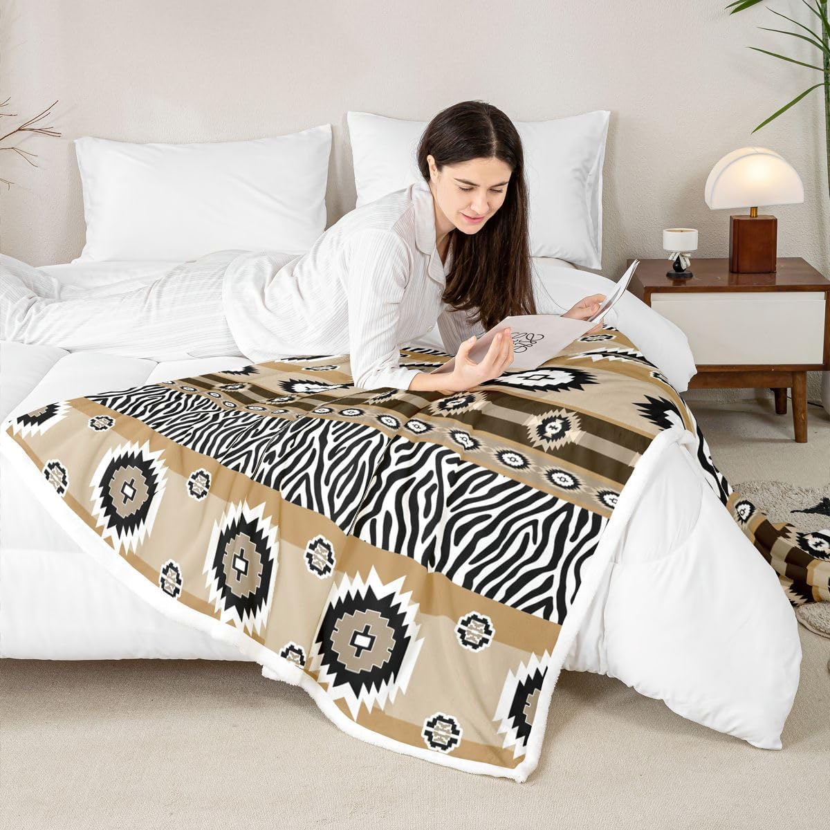 Feelyou Boho Southwestern Aztec Sherpa Throw Blanket for Couch Rustic Western Exotic Tribal Super Soft Cozy Fleece Zebra Print Blanket for Winter, Plush Throw Baby 30"x40" All Season