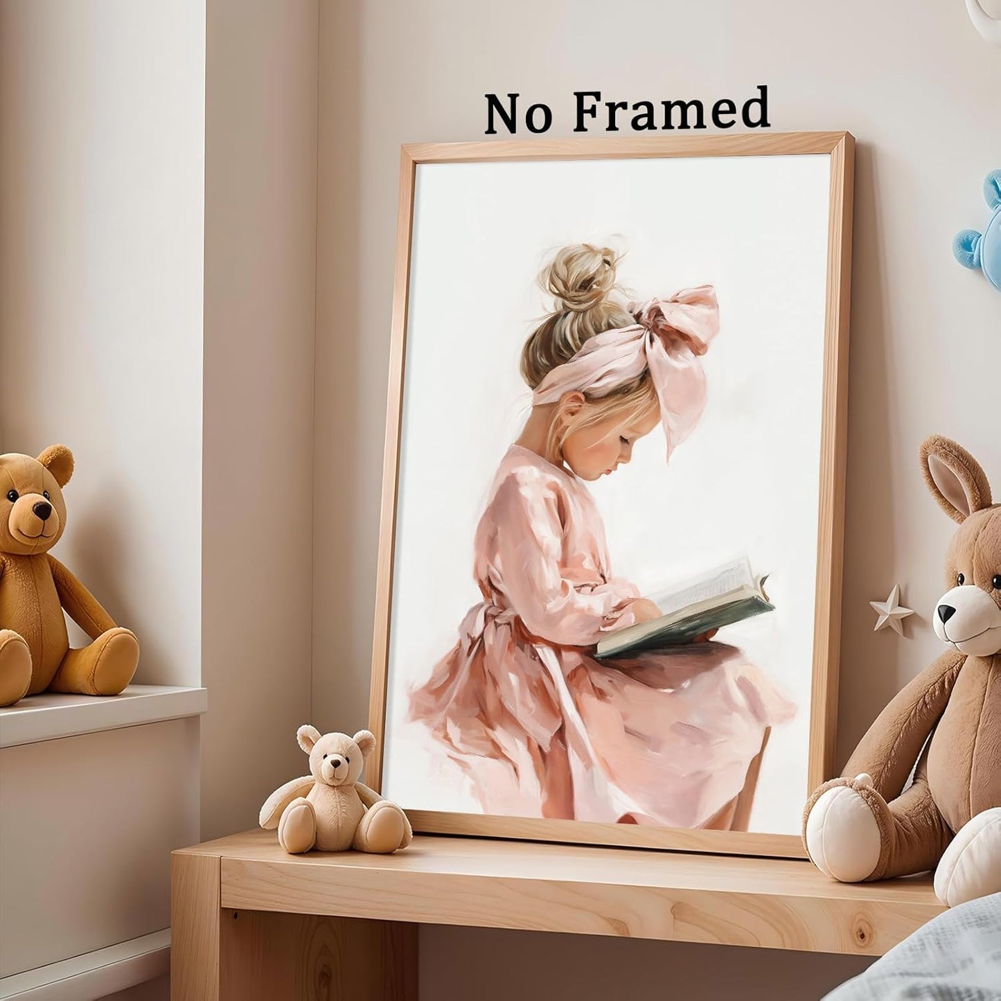 Girl Reading Book Painting Preppy Trendy Poster Coquette Pink Bow Picture for Library Reading Room Book Lovers Poster Cute Pink White Bow Paintings Aesthetic Girly Wall Art Dorm 16x24in Unframed