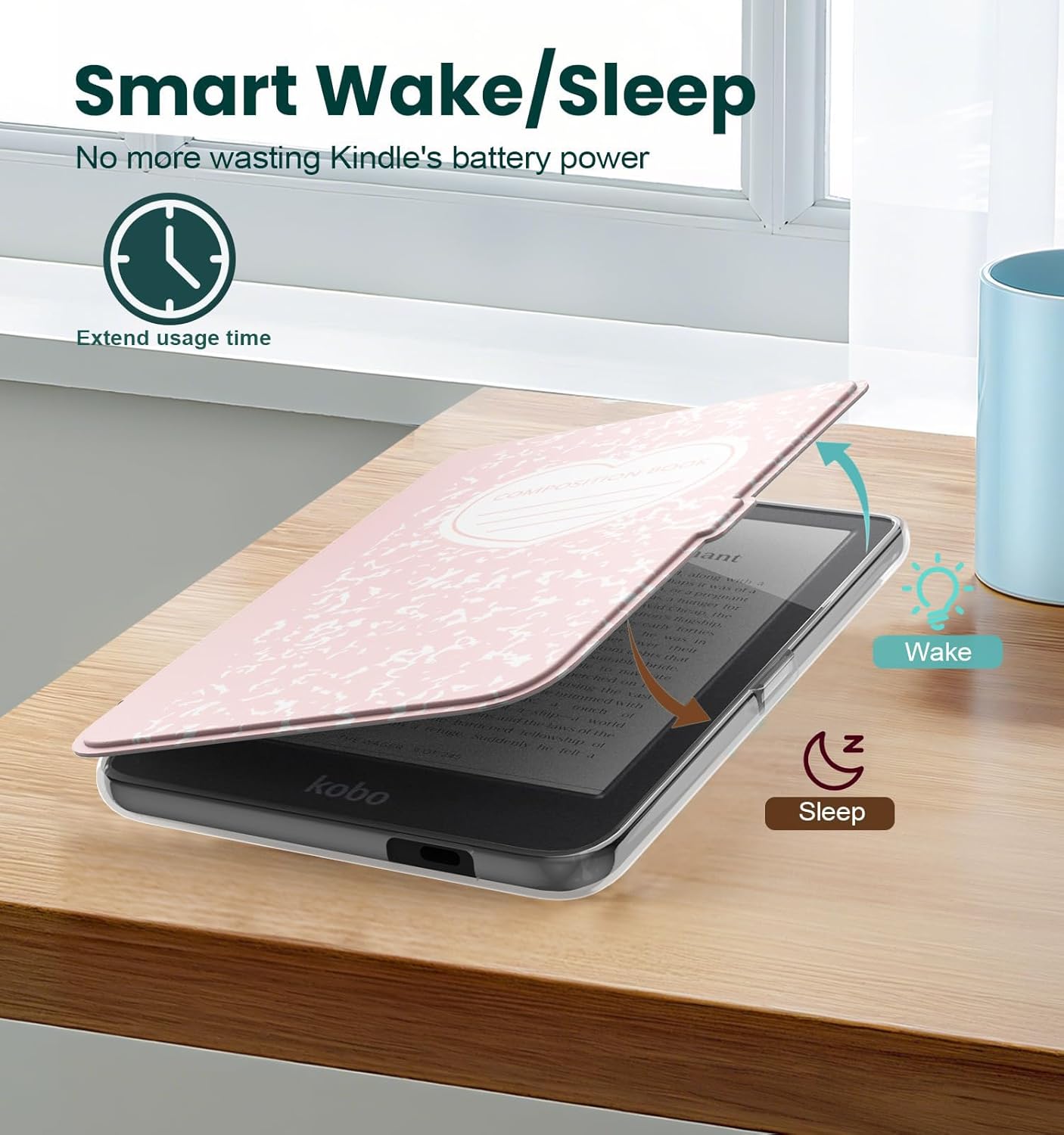 E NET-CASE Detachable Magnetic Case for 6" Kobo Clara Colour (2024) /Clara BW (2024) /2E (2022) eReader, Ultra Clear Back Scratch-Proof Light丨Easy to Detach & Attach丨Auto Sleep/Wake (Love Pink)