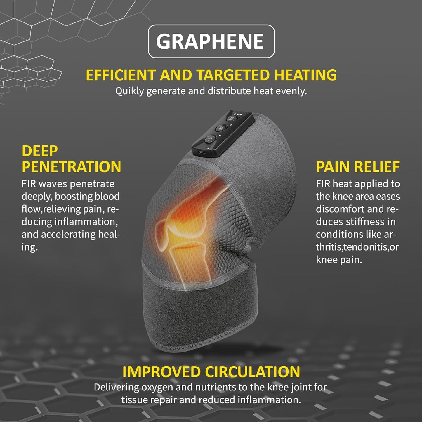 Graphene Heating Knee Pad with Vibration & Timer – USB Type-C Heated Knee Wrap with 3 Heat Levels & 2 Vibration Modes, Adjustable Strap & Breathable Mesh for Relaxing Warmth and Comfort