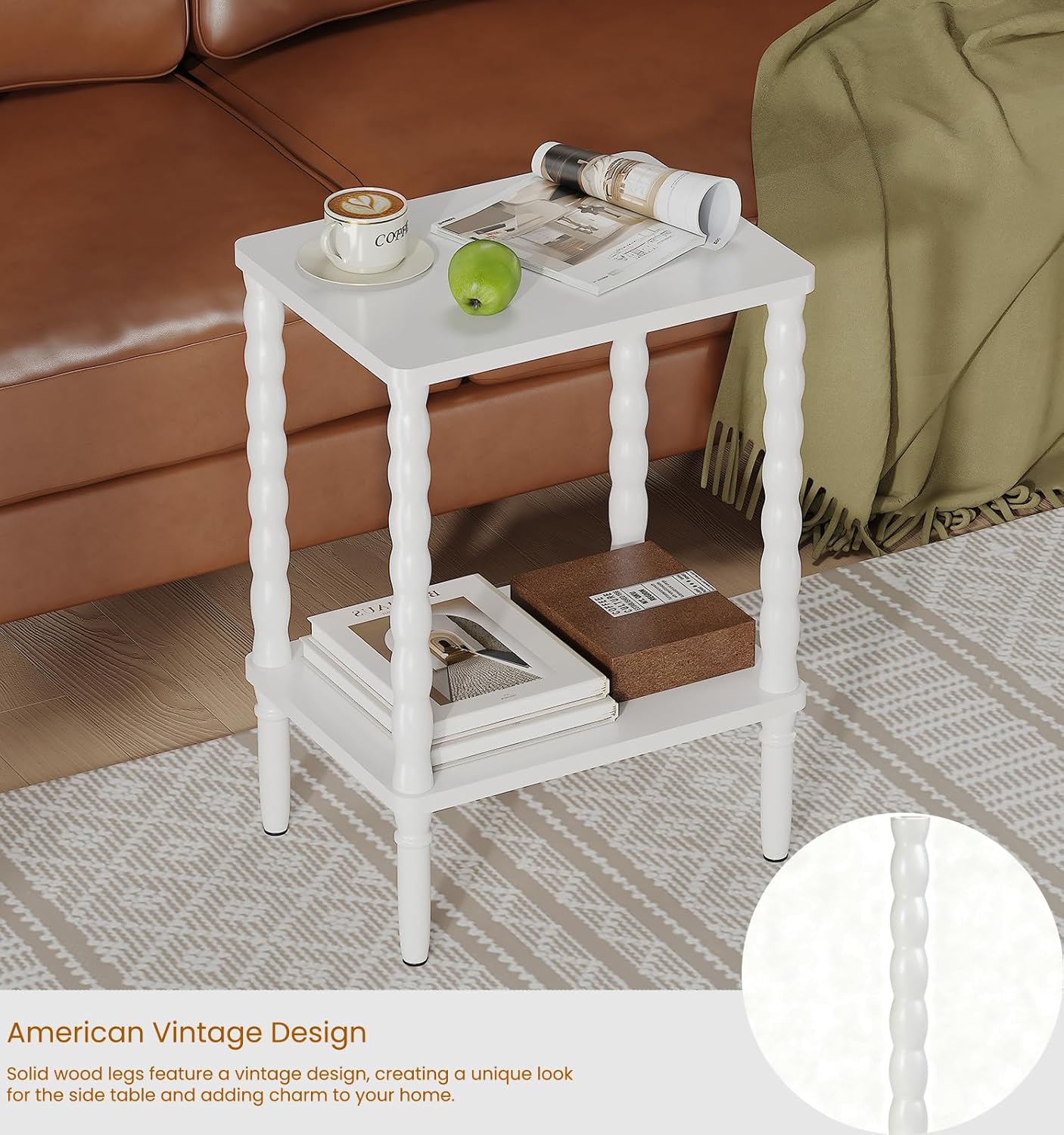 Small Narrow Side Table, Vintage End Table - Skinny Bedside Nightstand for Small Spaces, Couch/Recliner Accent Table for Bedroom Living Room Nursery, No-Tool Assembly (White)