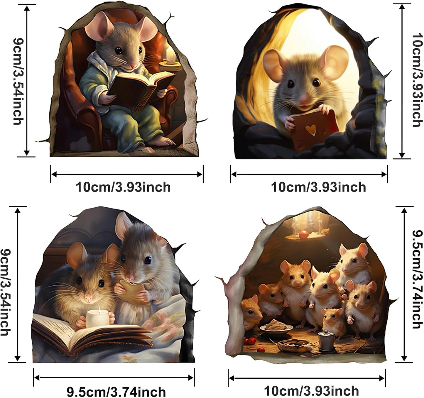 3D Wall Sticker Decal Glow in The Dark, 4 Pcs Mouse Wall Reading Book Sticker Fun Art Wall Decal for Living Room, Bedroom,Bathroom, Bookcase Decoration. (Style 1)