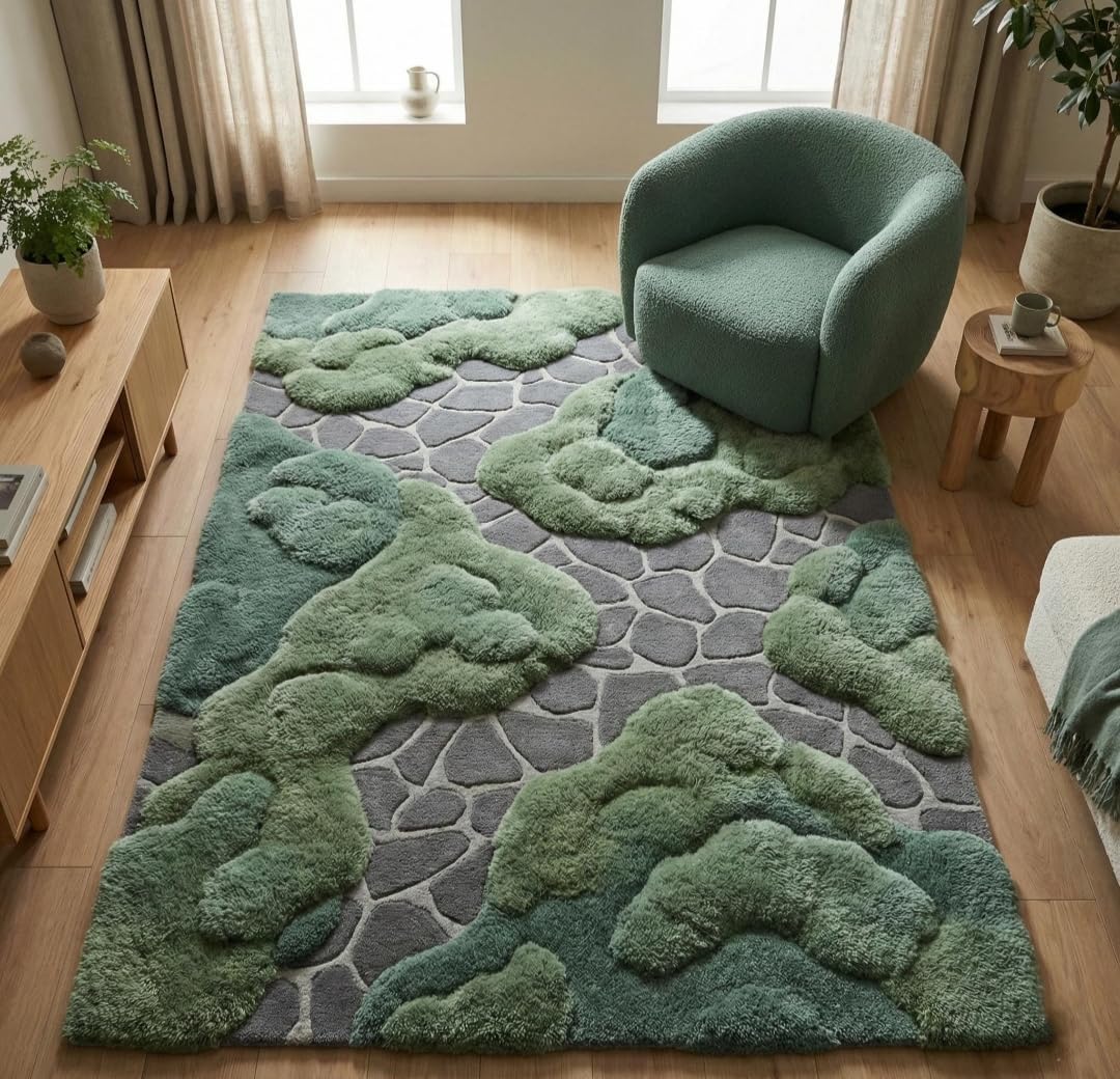 3D Pebble Stone Area Rug, Green Beige and Blush, Fluffy Tufted, Irregular Shape, Living Room Decor (Green with Grey, 8' x 10' Feet)