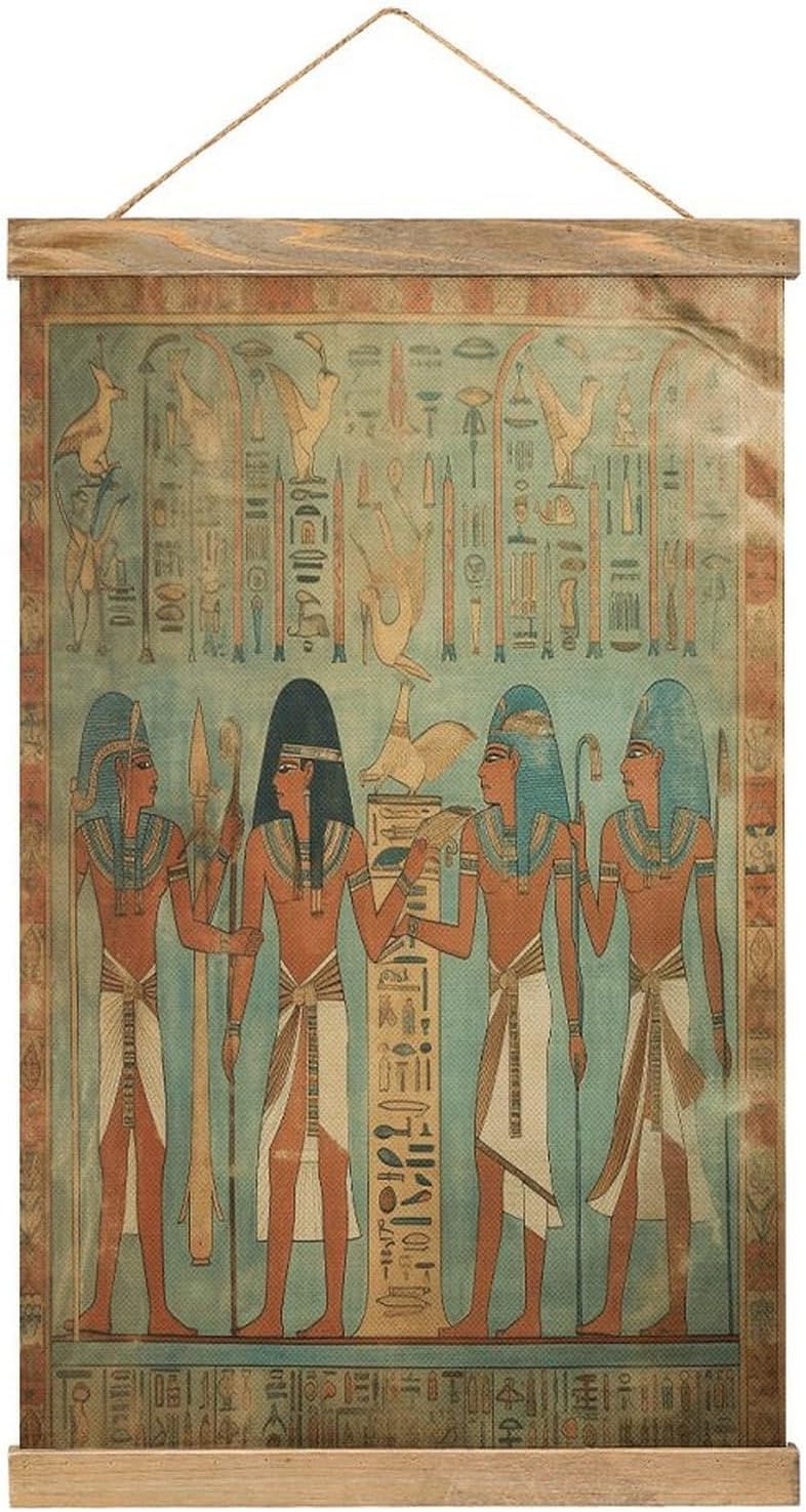 Vintage Women in Ancient Egypt Poster with Wooden Frame Personalized Linen Hanging Scroll Painting Rustic Wall Hanging Illustrative Modern Artwork Decor for Home Living Room Bedroom Office