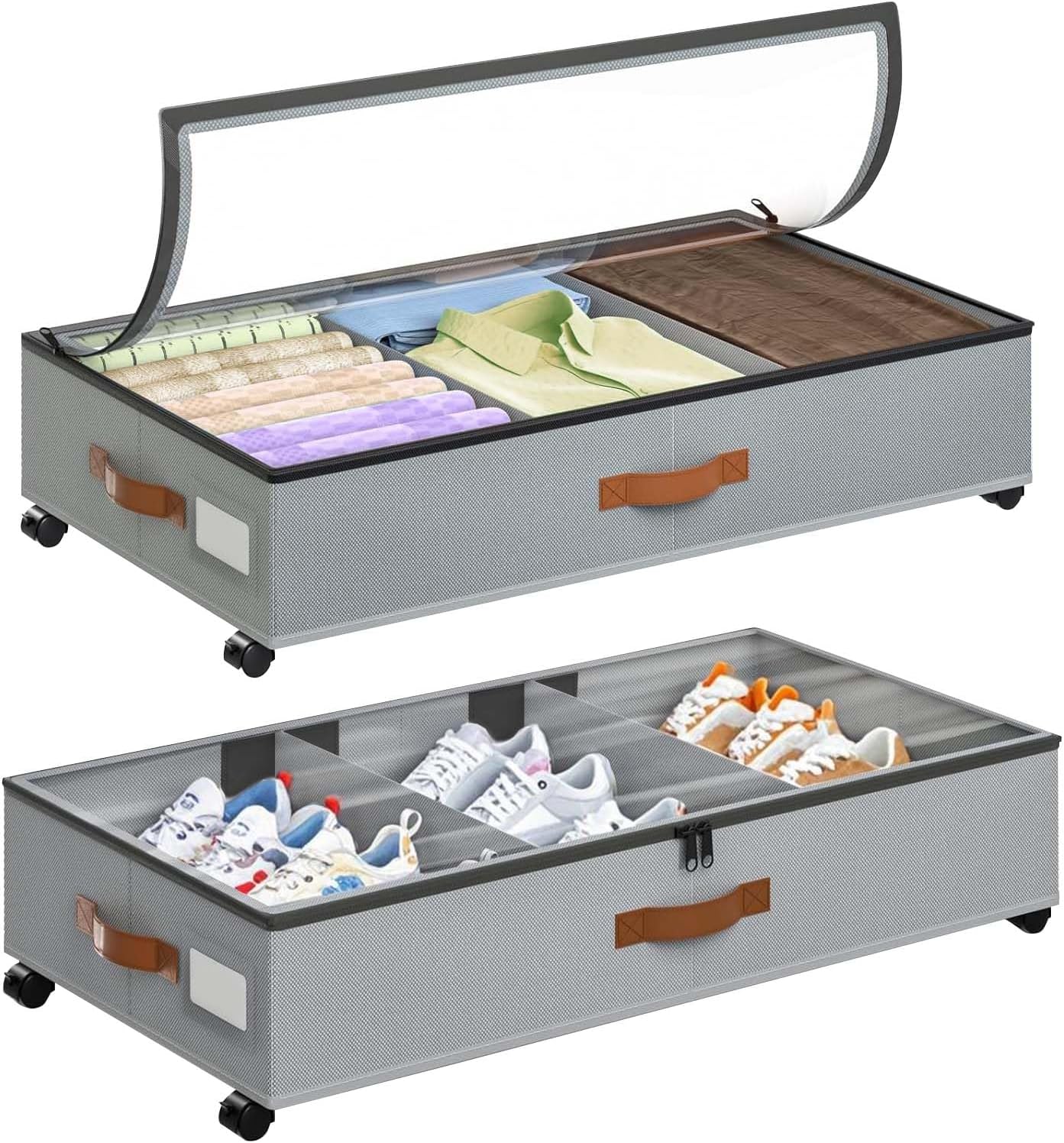GAOMON Under Bed Storage with Wheels, 2 Pack Rolling Under-Bed Storage Containers with Clear Lids, Low Profile Storage Bins for Clothes, Shoes, Toys, Blankets - Space Saving Underbed Organizer