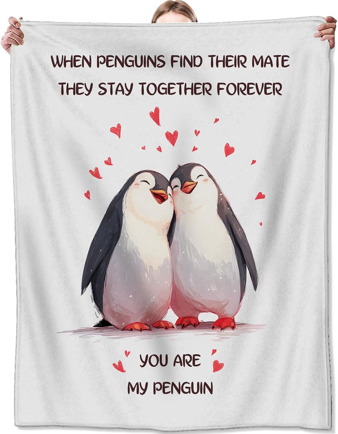 Cute Penguin Flannel Blanket, Soft Cozy Throw with Romantic Animal, Lightweight Blankets for All Seasons, Love Home Sofa Bed Decor and Gifts for Couple Women Valentine’s Day, 50x60 Inch