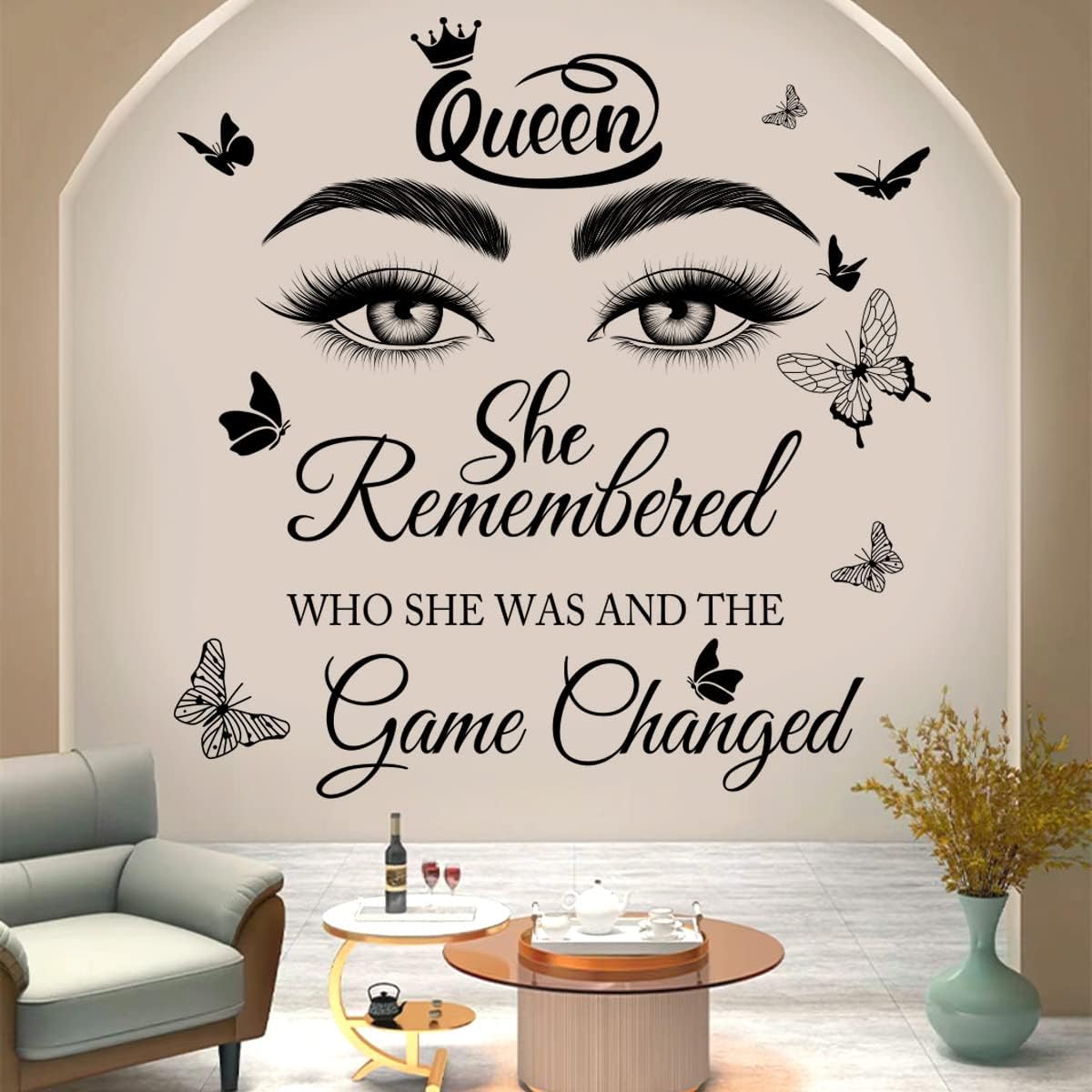 Inspirational Quotes Wall Decals Eyelash Eyes Wall Stickers Positive Lettering Saying Queen She Remembered Who She Was and the Game Changed Wall Art Sticker for Women Girls Bedroom Living Room Decor