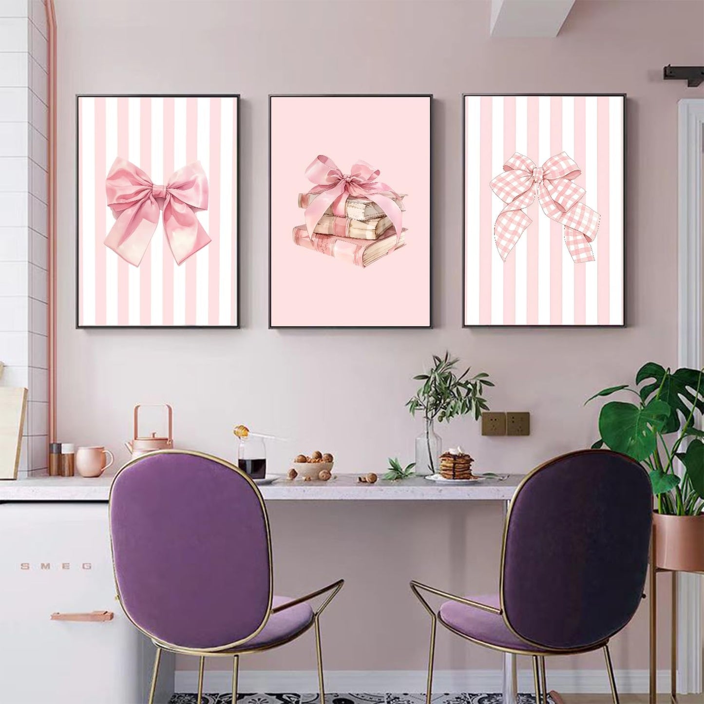 3Pcs Pink Bow Canvas Wall Art Coquette Preppy Reading Poster Print Pink Book Stripes Aesthetic Pictuer Painting for Girl's Room College Dorm Bedroom Living Room Library Wall Deocr （16×24in Unframed）