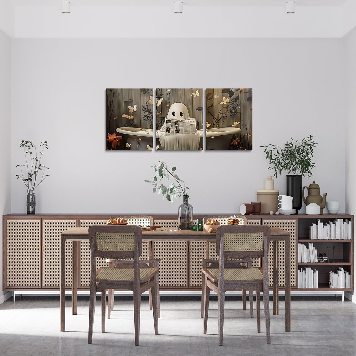 Erosebridal Funny Halloween Ghost 3 Piece Canvas Wall Art Botanical Leaves Butterfly Paintings Wall Decor 16" L x 12" W Each, Reading Newspaper Fancy Humor Ghost Vintage Gothic Office Artwork Posters
