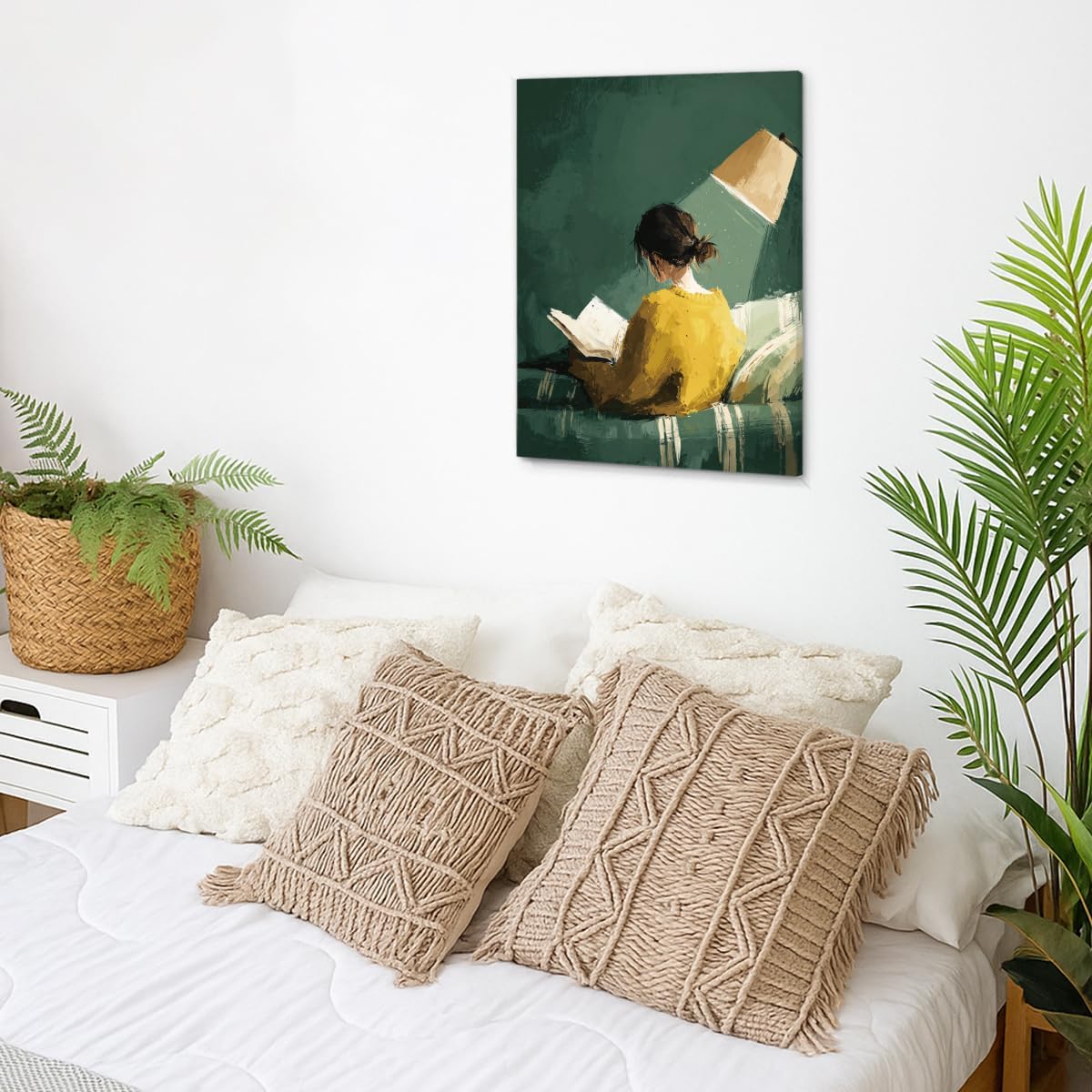 Vintage Reading Woman Canvas Wall Art Print Woman Green Striped Picture Painting Artwork Green Wall Decor for Home Living Room Reading Room 8x10 Framed