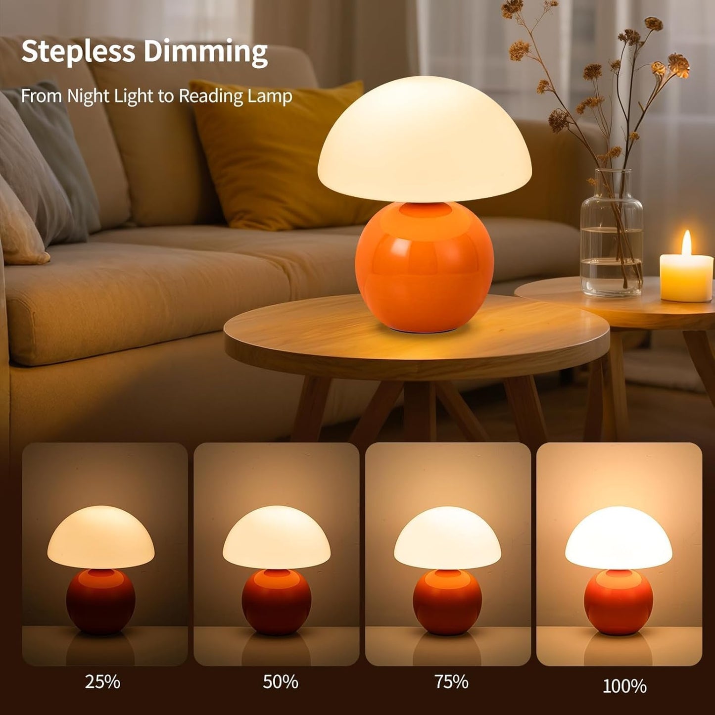 Mushroom Table Lamp, Orange Vintage LED Desk Light for Bedroom, Dimmable Ambient Lighting with Glass Shade for Bedroom, Reading, Home Décor, Gift for Friends