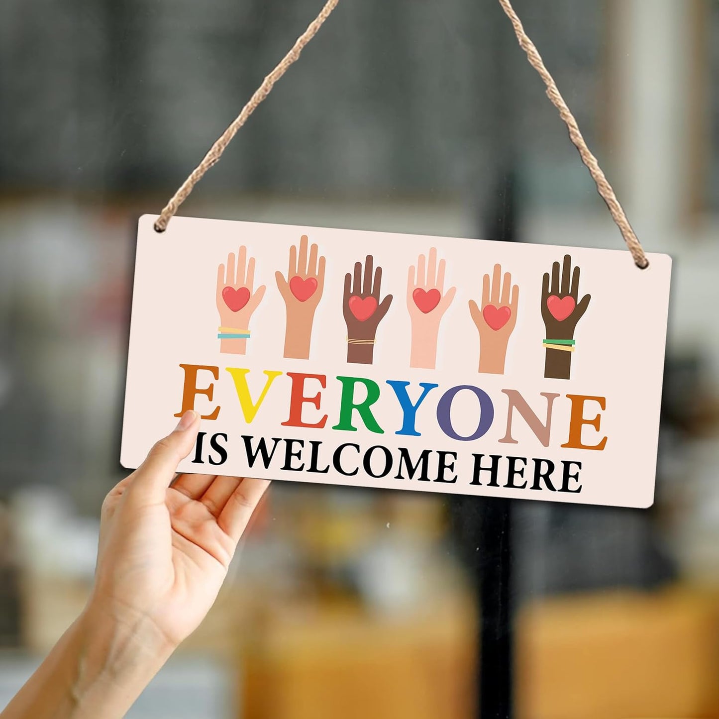 Everyone Is Welcome Here Sign - Classroom Playroom Reading Corner Wall Decor, Boho Rainbow Classroom Wooden Hanging Welcome Sign for Nursery School 12x6 Inches