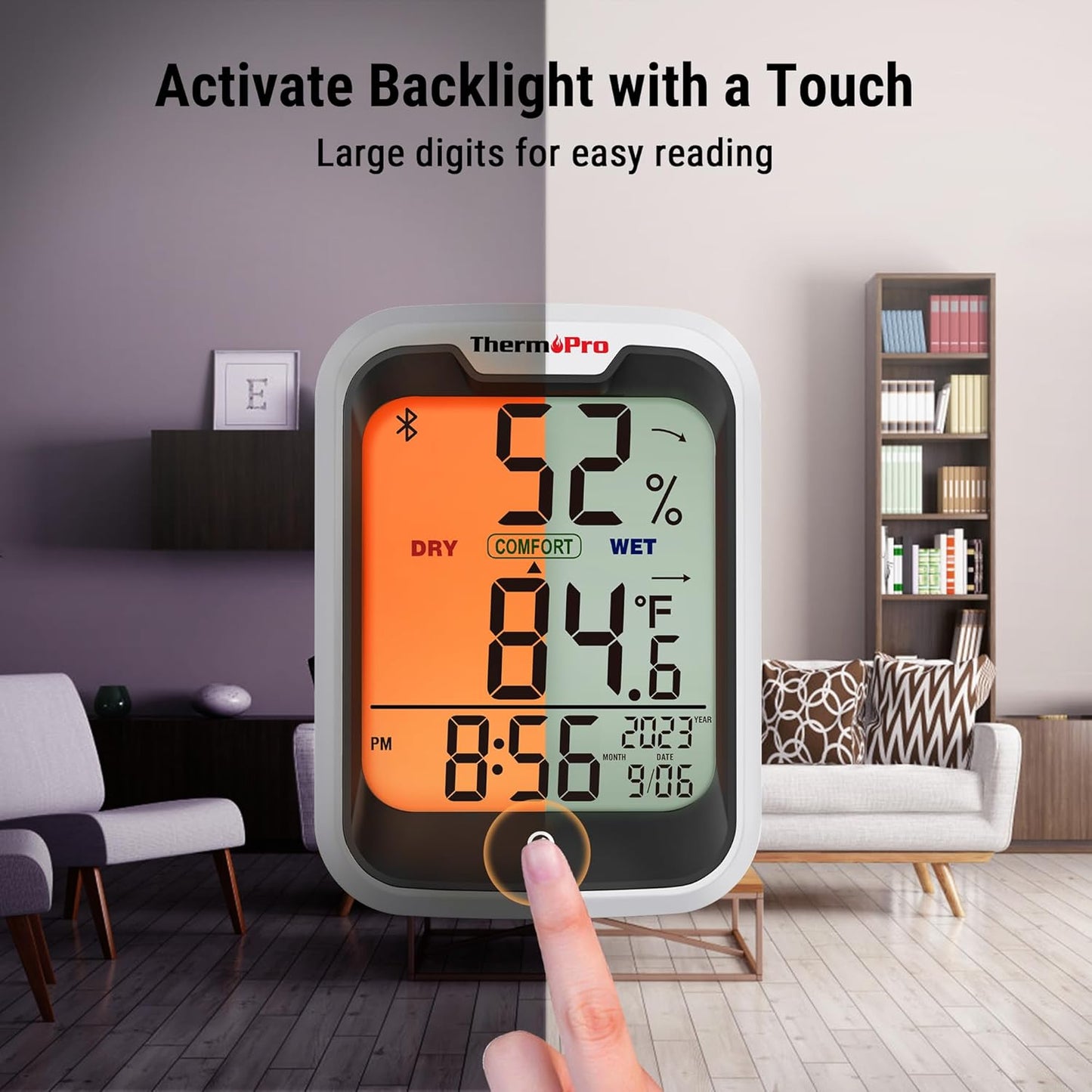ThermoPro TP358 Bluetooth Thermometer for Room Temperature with Built-in Clock, Smart Temperature Sensor and Humidity Meter with Backlit, 260Ft Hygrometer Indoor Thermometer with Data Storage Export