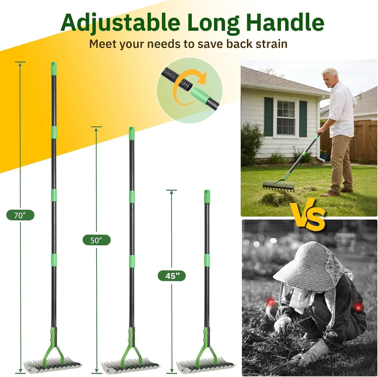 Thatch Rake, 13" Wide Efficient Dethatcher Rake with 70" Adjustable Long Handle, Heavy Duty Steel Metal Dethatching Rakes for Cleaning Dead Grass, Loosening Soil, Lawn Care in Yard Garden