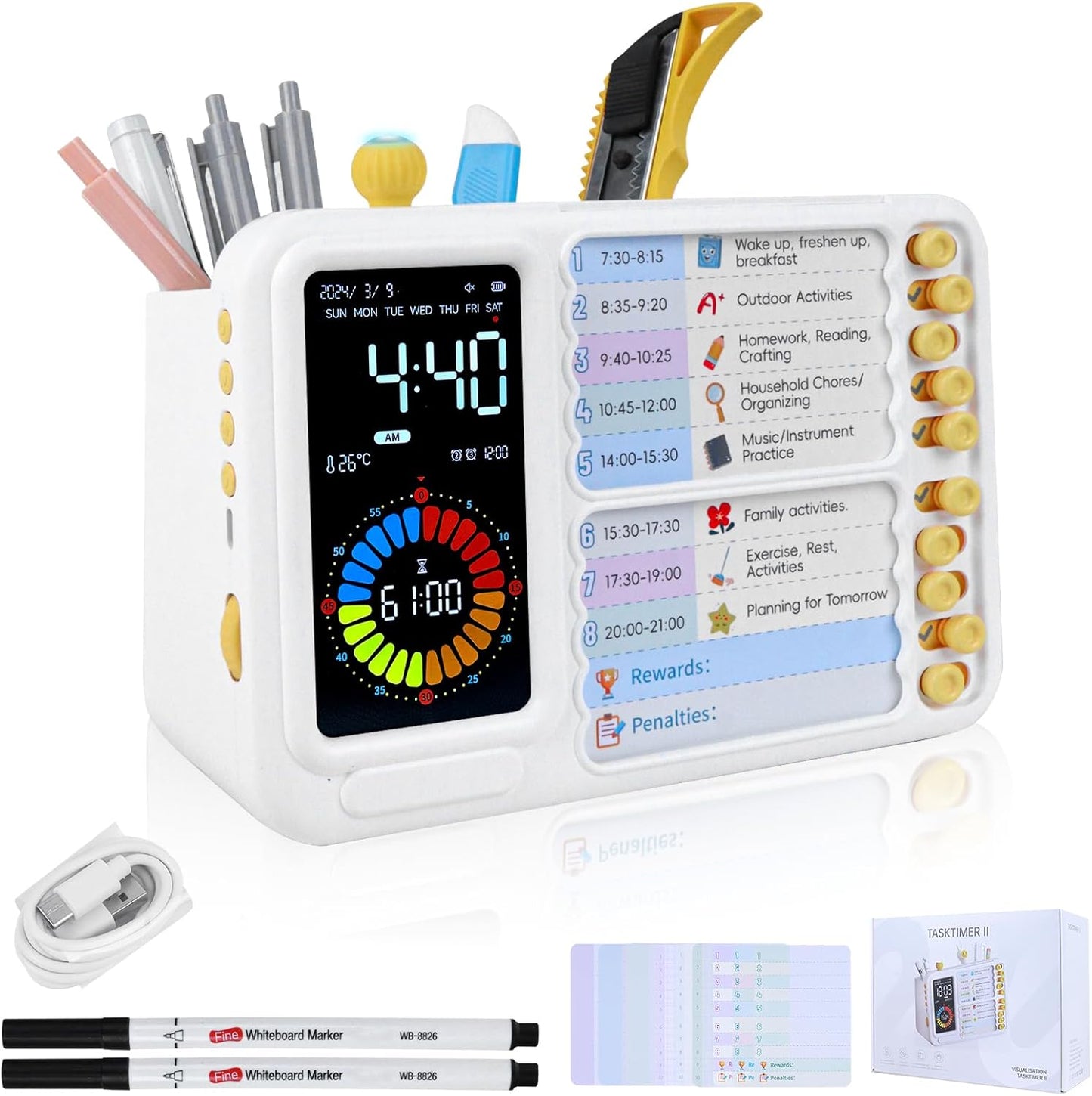 12/24 Hour Switching Task Timer, Timer for Kids, Visual Schedule for Kids with Autism, Visual Schedule for Kids, Time Management Tools, Autism Increase Self-Regulation, with 99-Minute Countdown
