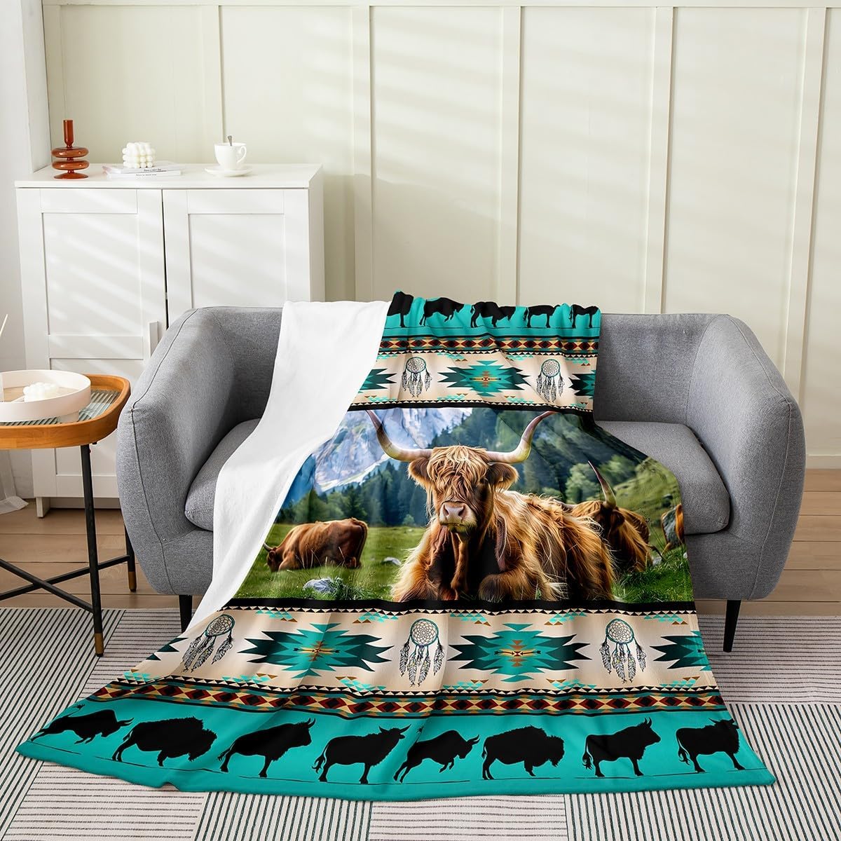 Highland Cow Blanket Longhorn Bull Southwestern Native Aztec Throw Blanket Cowgirl Farm Animals Fleece Blanket Exotic Nordic Dream Catcher Twin 60x80 Inch Flannel Blanket African Tribal